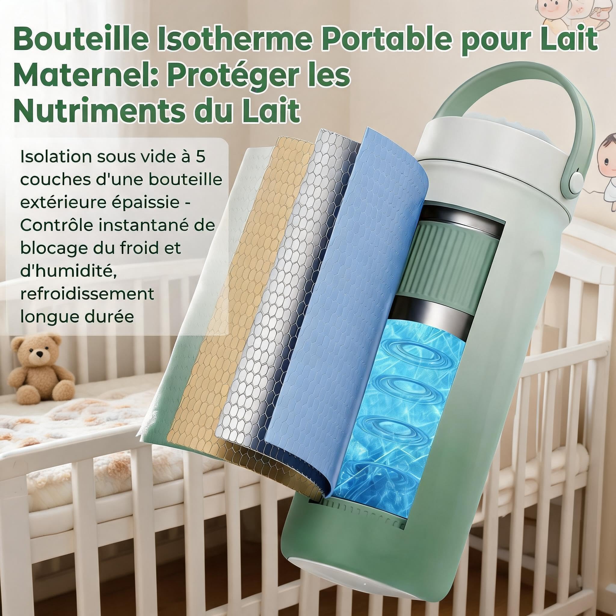 Garvee Glacière Lait Maternel Portable 22oz/300ml, Refroidissement 24h à 360°, Chauffage Intégré, 2 Biberons Inclus, Acier Inoxydable 316 Sans BPA