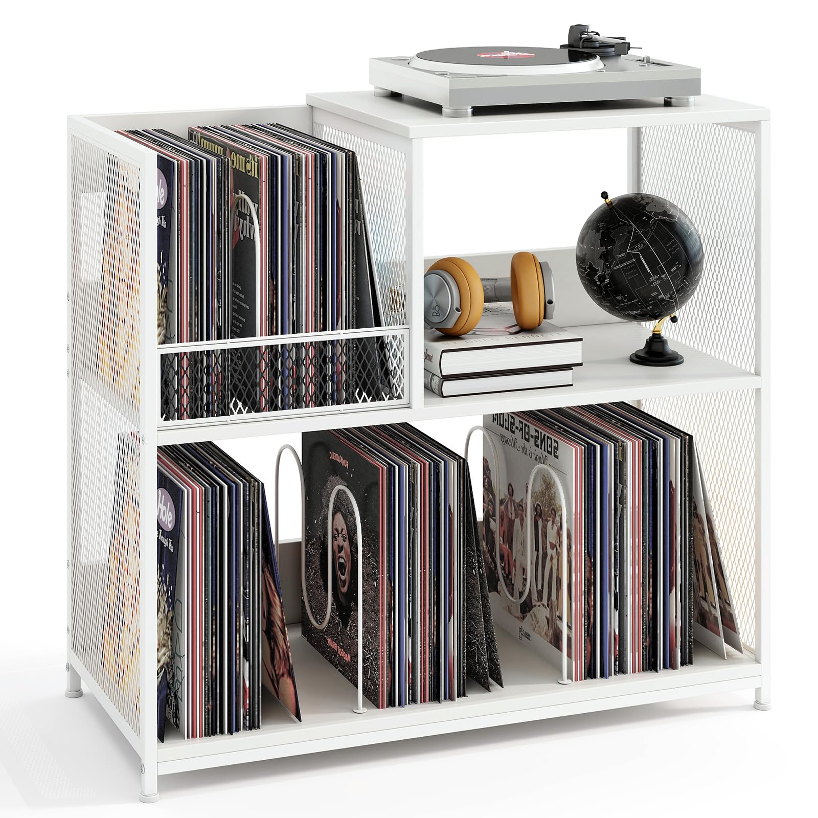 GIANTEX Supporto per giradischi a 3 livelli, espositore a disco in vinile per 300 album, 3 divisori rimovibili, organizer per album, telaio in metallo, libreria per soggiorno, studio, ufficio (bianco)