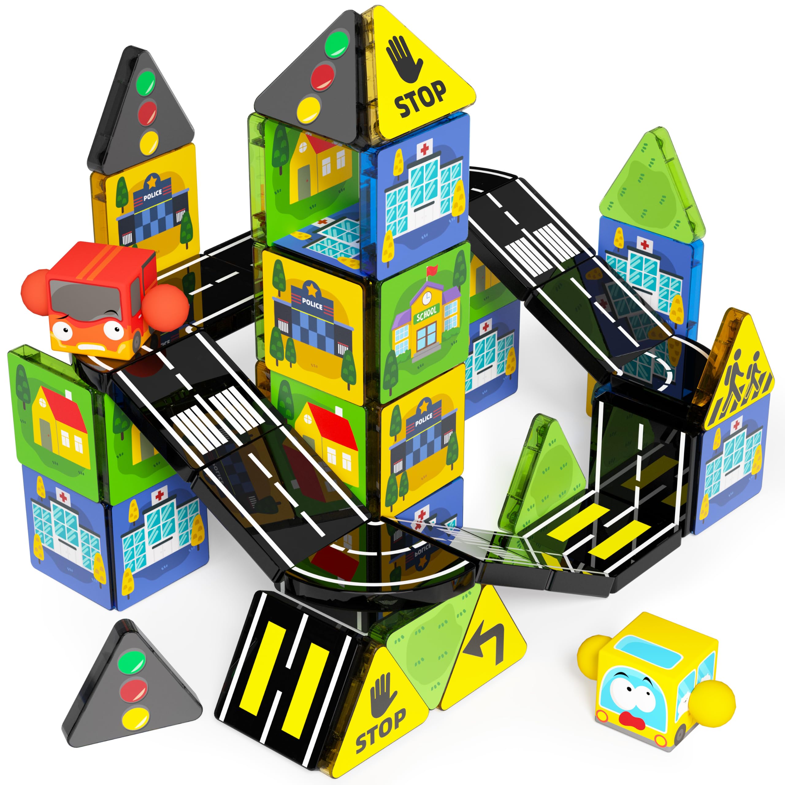 Mini Magnetic Tiles Road Set with 2 Cars for Kids Ages 3+ | Travel Magnetic Building Blocks, STEM Educational Sensory Preschool Toys, Birthday Gifts for Boys & Girls Toys Age 4-6 6-8