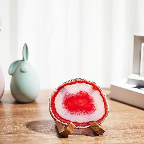 Miniatura 6 de Luxury Lane Posavasos grande de ágata brasileña natural con piedra de geoda con soporte de madera, decoración de mesa de centro de mesa de 4.7 a 5.5