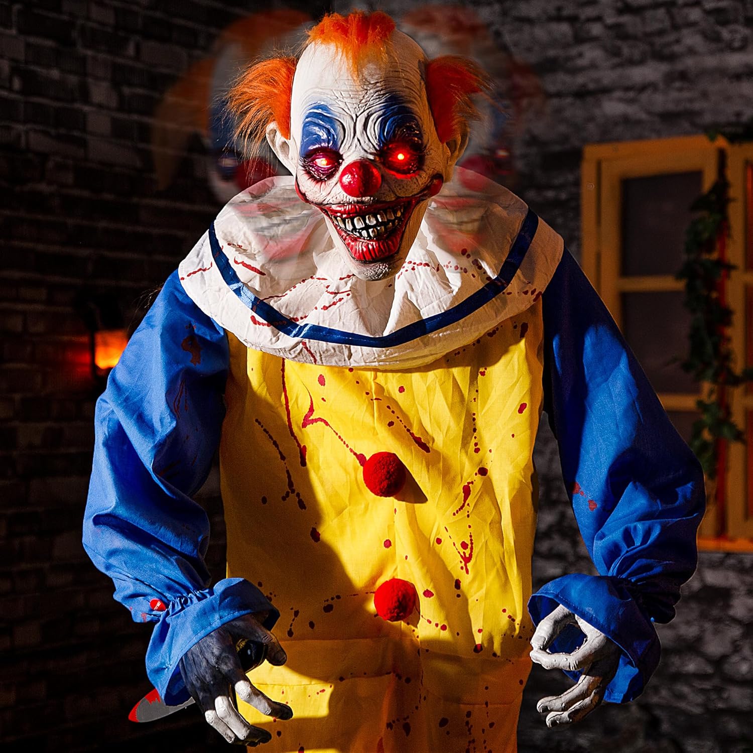 halloween animatronic 6ft standing killer clown, animated 72inch decorations with motion activation, creepy sound, scary move, light up eyes, haunted house spooky horror prop for indoor, outdoor, yard 6ft killer clown