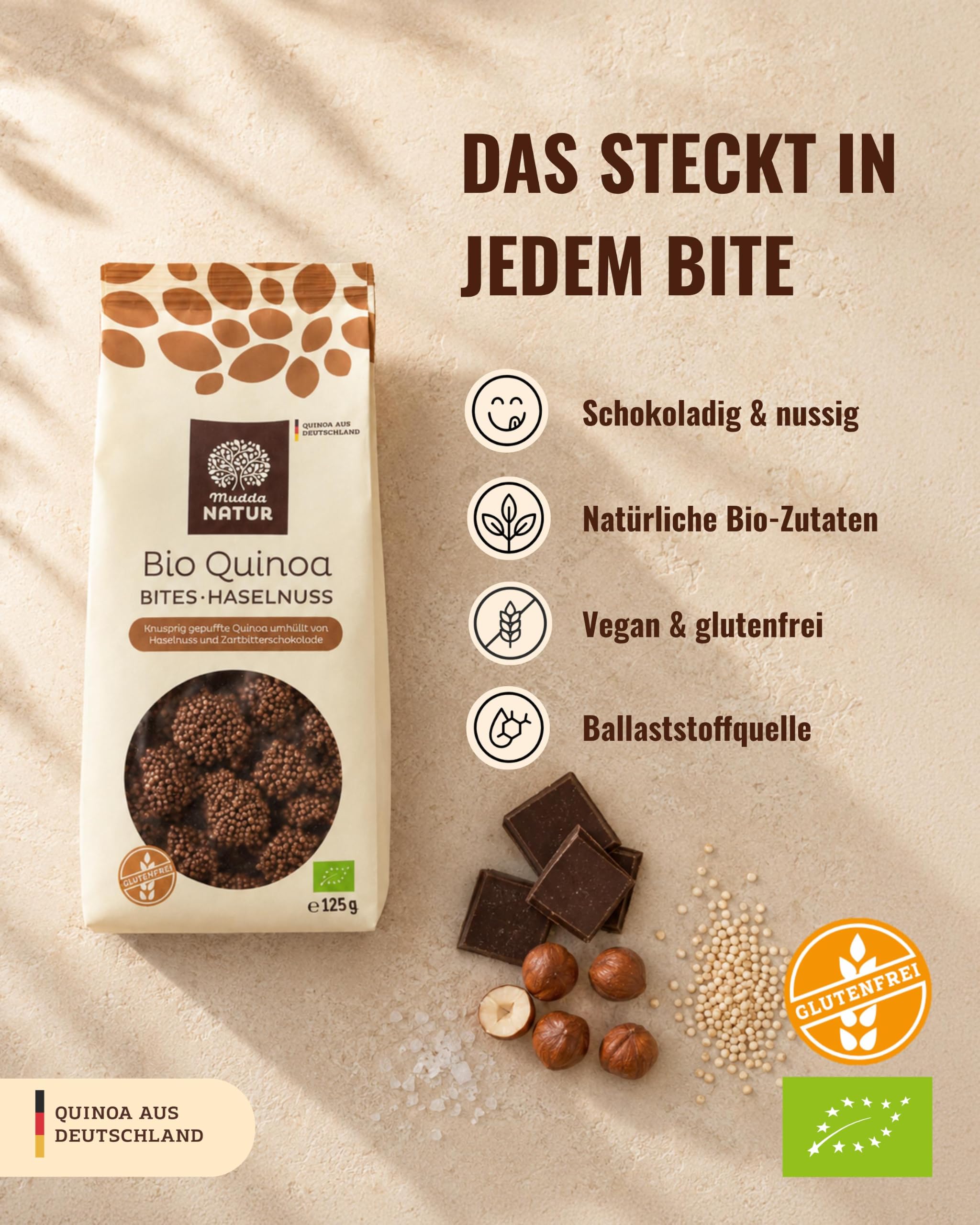Mudda Natur Bio Quinoa Bites mit Haselnuss – veganer & glutenfreier Snack