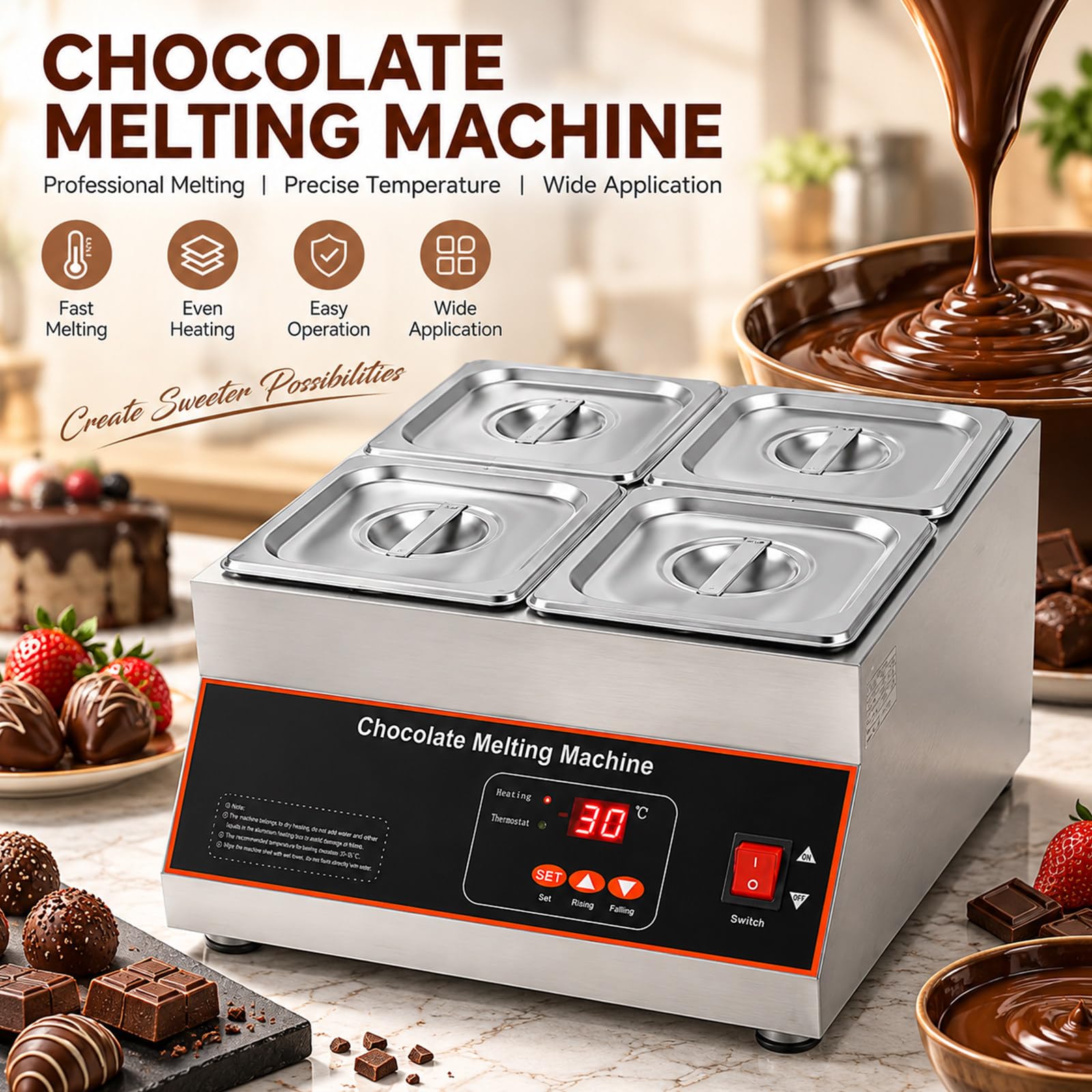 Macchina per Fusione di Cioccolato in Acciaio Inox 12kg, 500W 4-Tank