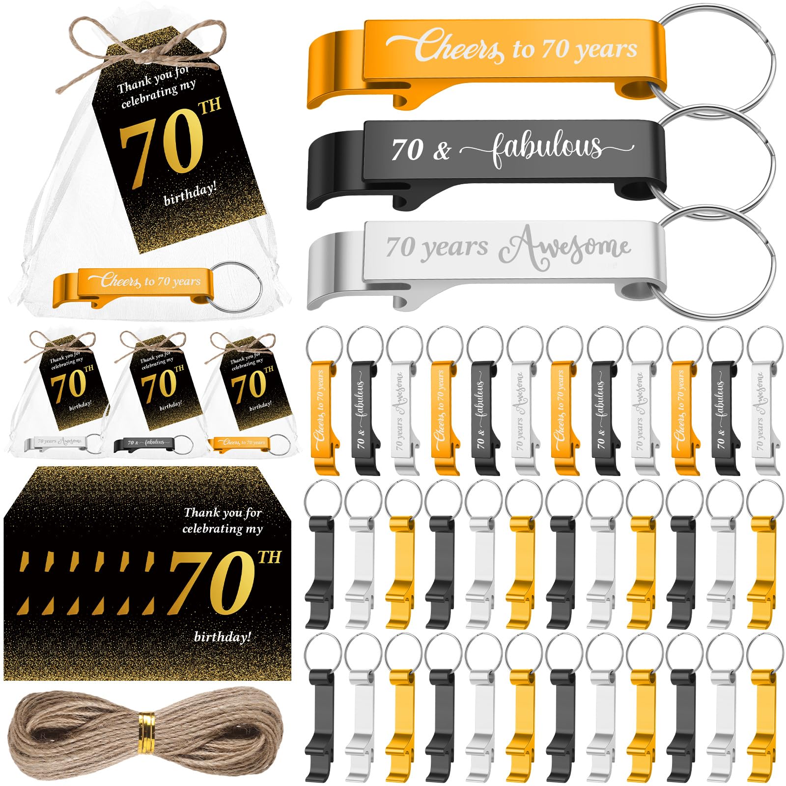 SiliFine 50 Sets 70th Birthday Party Favors for Guests Include Birthday Beer Opener Keychain Cheers to 70 Bottle Opener Keychain with Thank You Cards