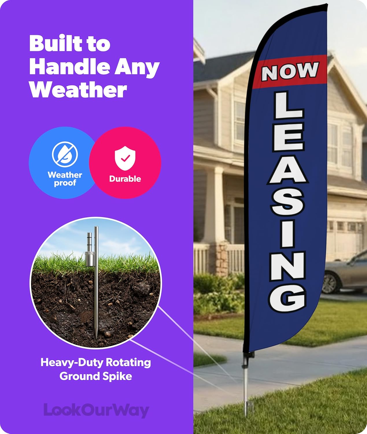 LookOurWay Feather Flag Pole Kit - 12 Feet Tall Advertising Flag Banner with Fiberglass Pole Kit and Ground Spike for Business Promotion - Real Estate Flags - Now Leasing Blue