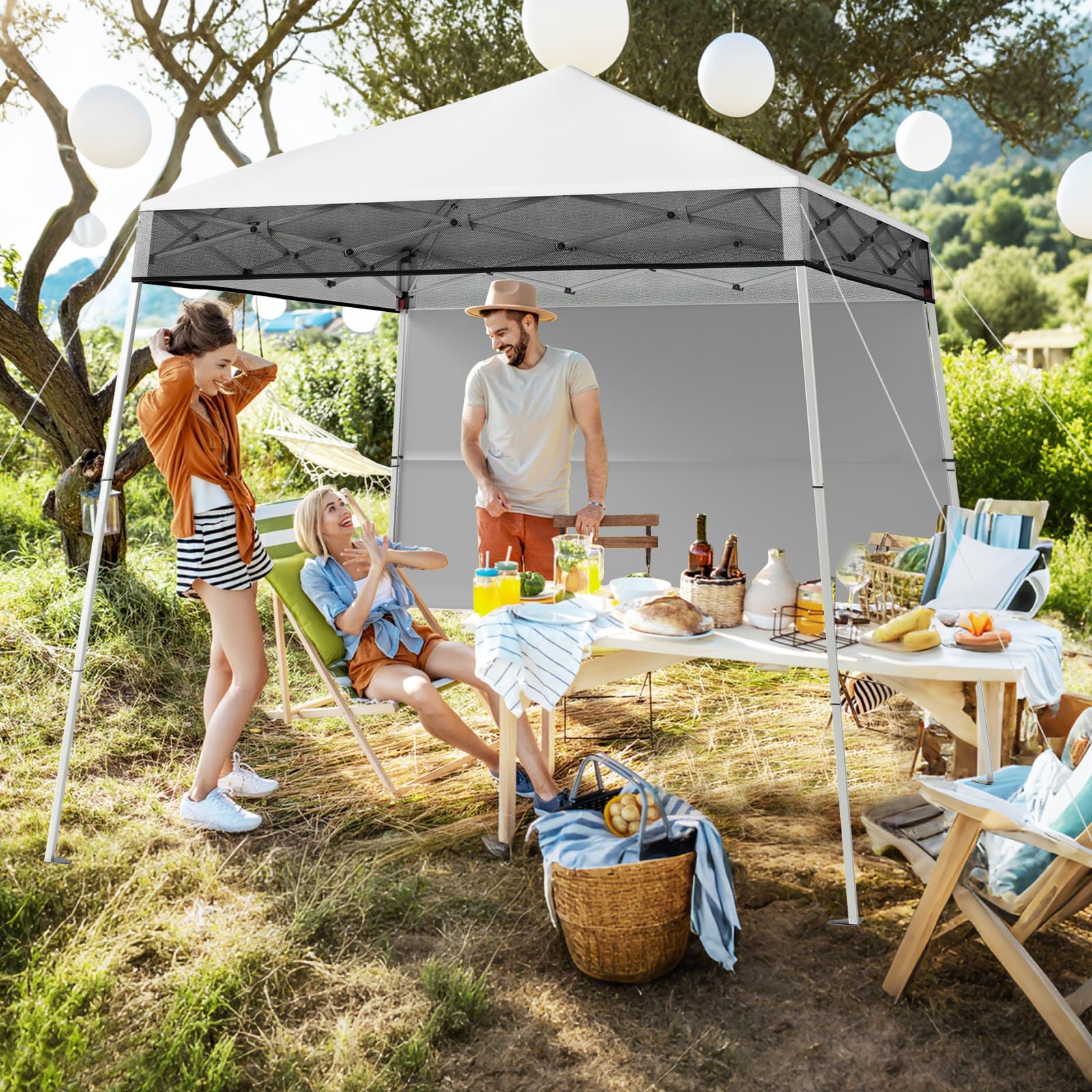 COSTWAY Gazebo Pop-up da Esterno 182 x 182 cm, Gazebo Pieghevole con 1 Parete Laterale, Gambe Inclinabili Regolabili e 4 Picchetti, Tendone Impermeabile per Feste, Campeggio e Picnic (Bianco)