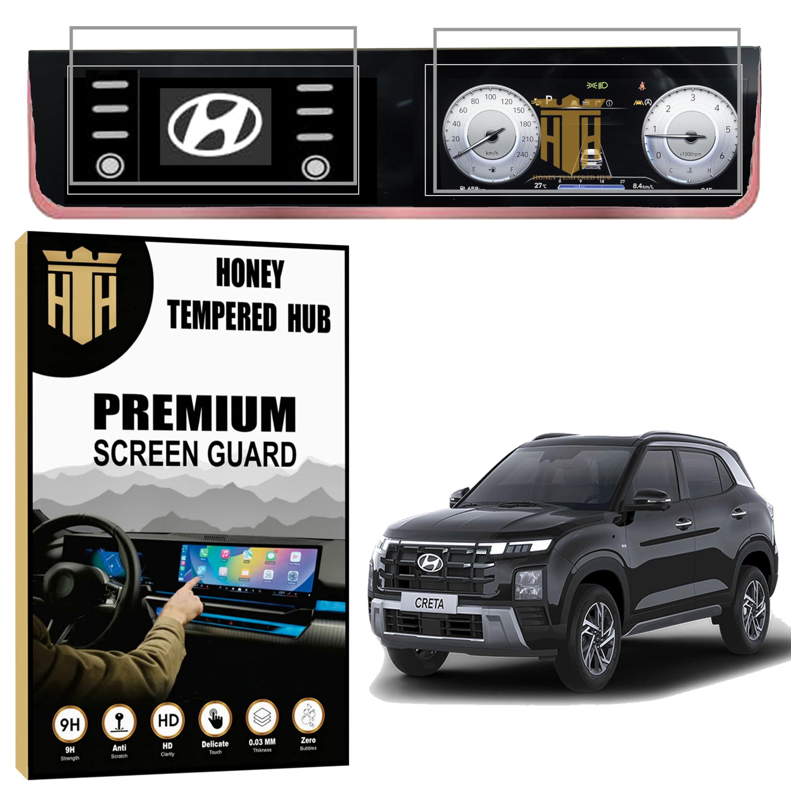 HONEY TEMPERED HUB Screen Guard COMBO For HYUNDAI CRETA 2024 FACELIFT / 8 Inch INFOTAINMENT + 10.25 DIGITAL INSTRUMENT CLUSTER / S SO Optional / Anti Scratch Car Display Accessories [Not Tempered Glass] 8 INCH-image-17