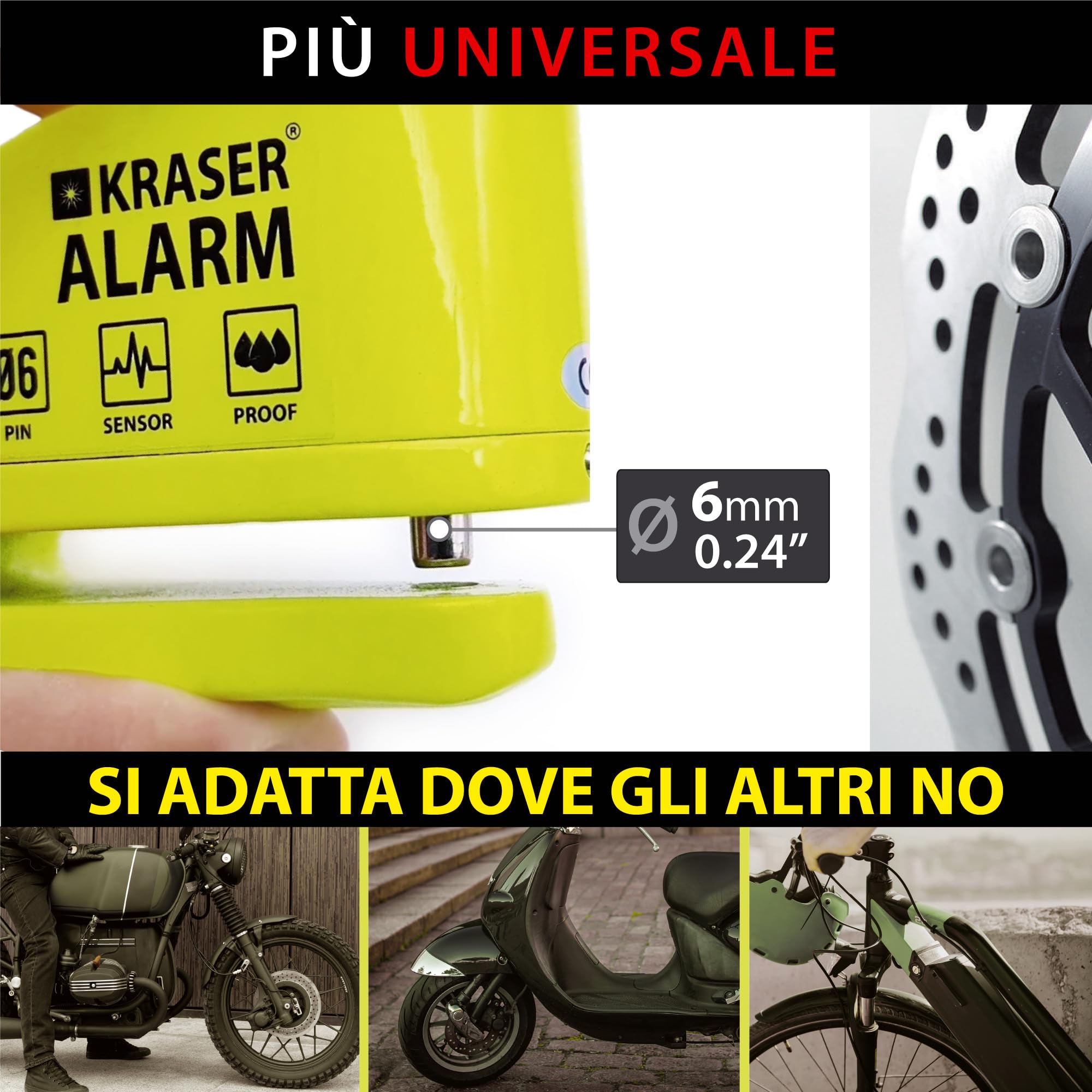 KRASER KR6Y Blocca Disco per Moto con Allarme 110dB, Antifurto Moto Nr1 Autobild, +Deterrente, 3 (altre 2) Chiavi Sicurezza, Impermeabile, Cavo Reminder 1.5m Borsa, Lucchetto Sonoro Scooter Bici