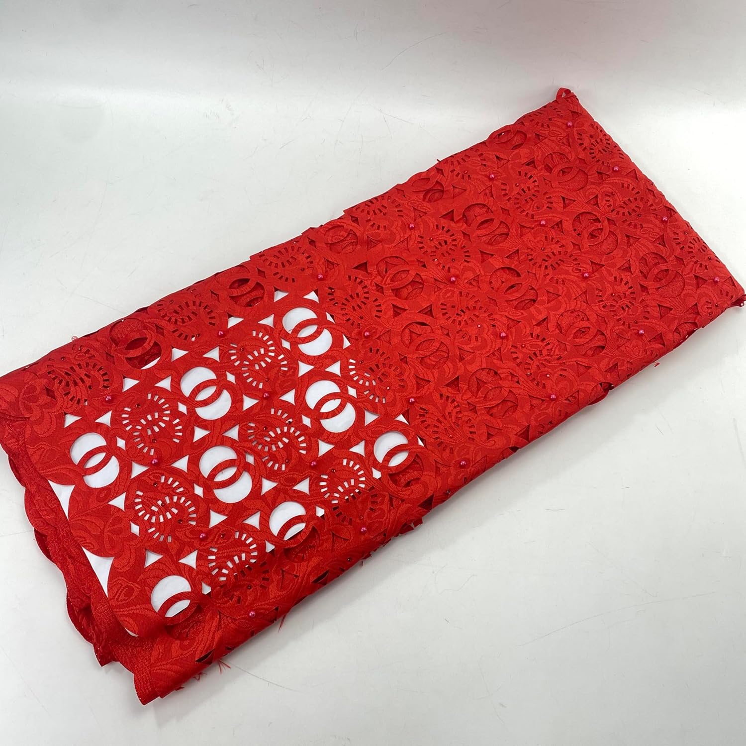 African Hole Laser Lace with Beads Nigerian Lace Fabric 5yards 002 Manual Embroidery for Wedding Party Red