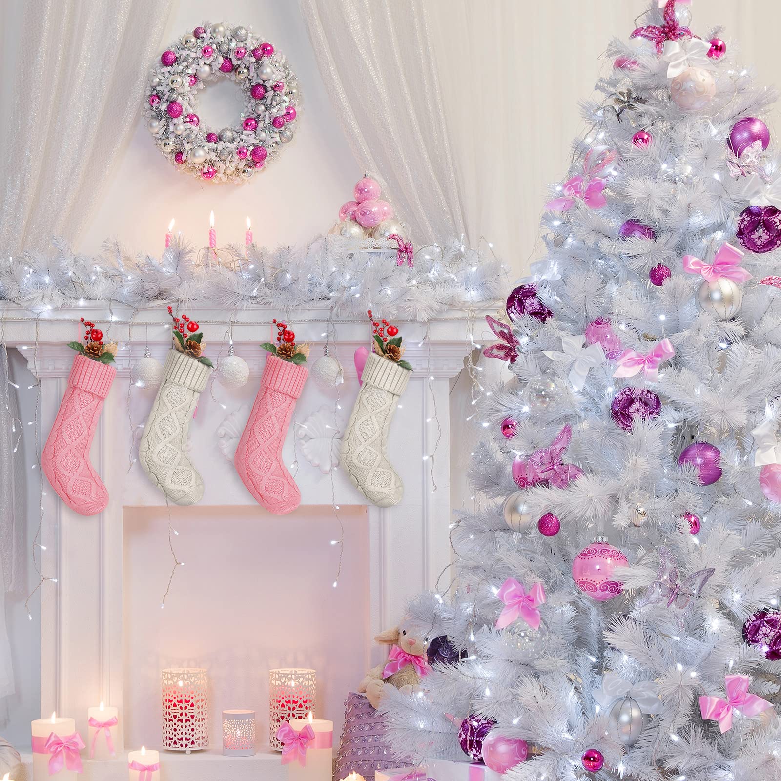 Confezione da 4 calze natalizie a maglia con cavo, decorazioni regalo da 45 cm di grandi dimensioni, calze natalizie classiche a maglia, per feste in famiglia, decorazione regalo (rosa e bianco)