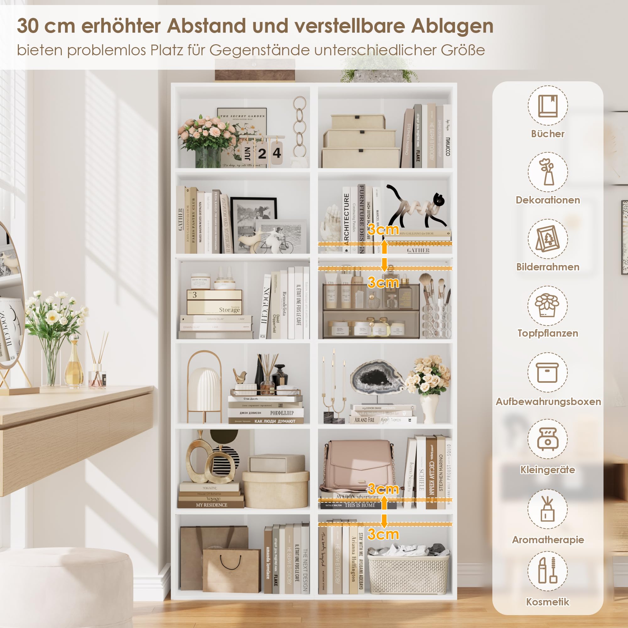FirFurd 190,5 cm Bücherregal, Regal mit 6 Fächern, Bücherschrank, Kallax Regal, Würfelregal, Standregal, Aufbewahrungsregal, für Wohnzimmer Büro Schlafzimmer, 48x30x 190,5cm, weiß