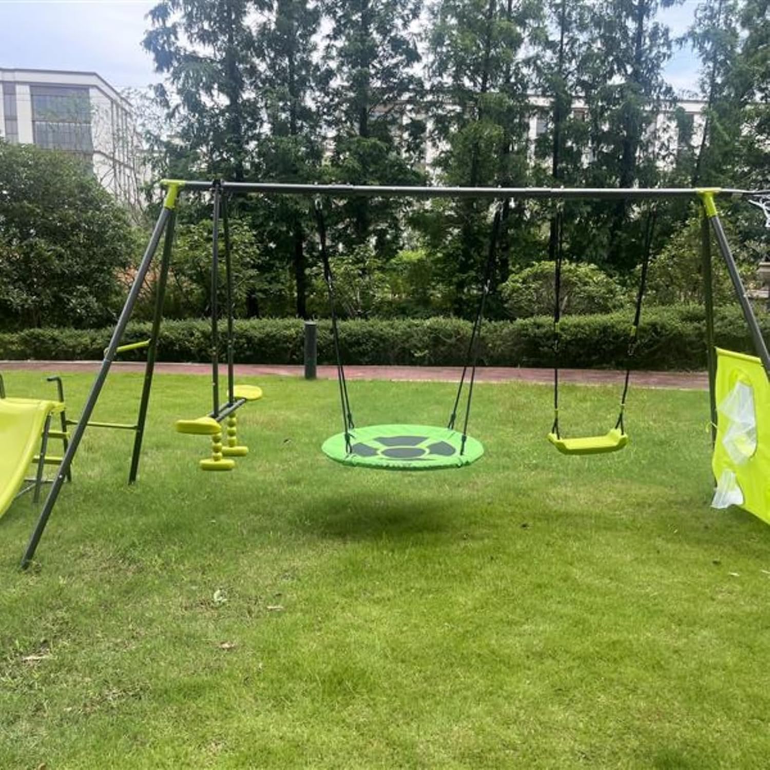 Fun 6-Function Swing, 6 in 1 Multifunctional Swing Set, Outdoor Metal Swing, Outdoor Playground Equipment, Slide, Flying Saucer Swing, Suitable for Children Over 3 Years Old, Green and Blue