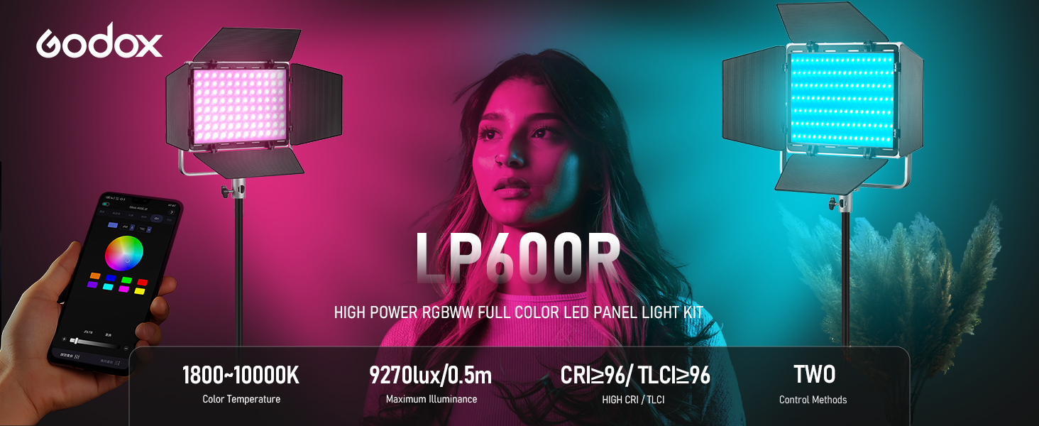 Amazon.com: Godox Litemons LP600R Panel de luz LED RGB con control de aplicación, iluminación de fotografía de estudio de 60 W con puerta de granero, 1800K -10000K, 14 modos FX/rotación de 360°/CRI