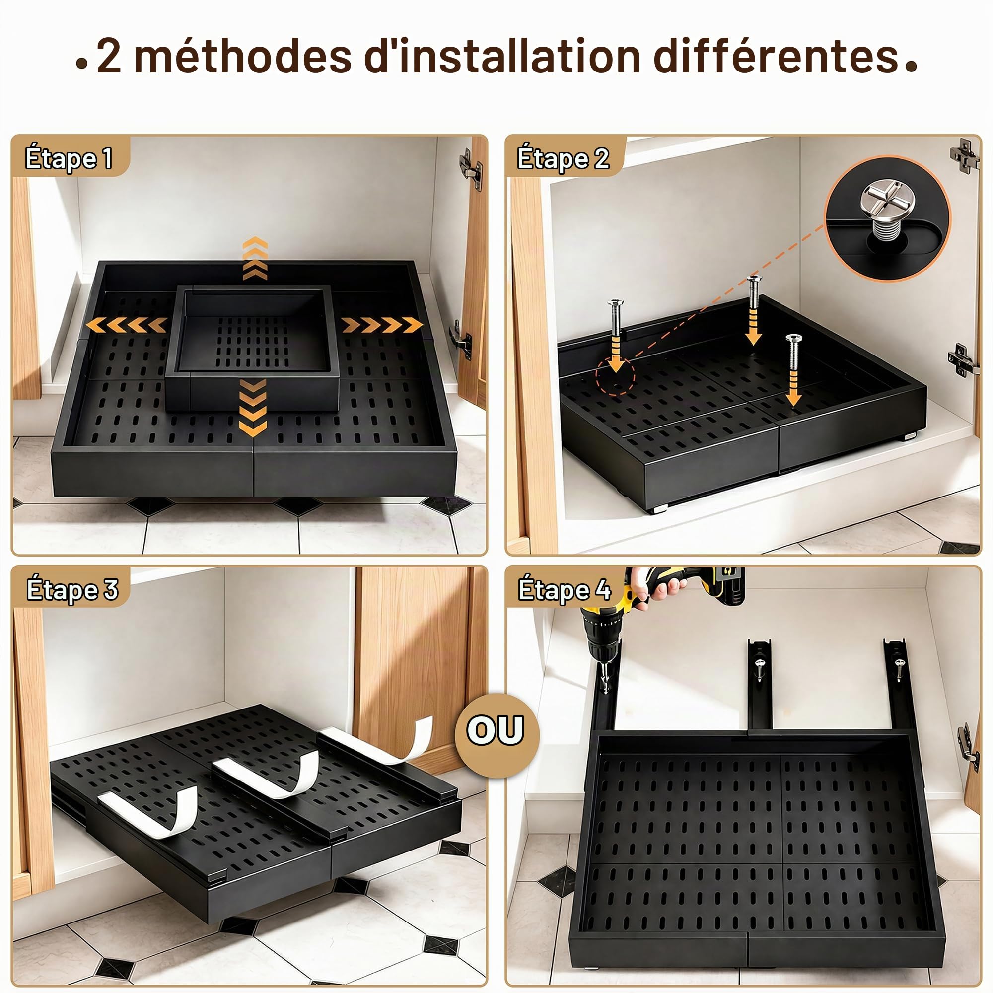 Lot de 2 Tiroirs Coulissants de Cuisine à 4 Directions, Noir | Tiroir Télescopique, Largeur 30-48cm & Profondeur 36-55,5cm, pour Armoires avec/sans Cadre, Structure en Métal, Sans Perçage