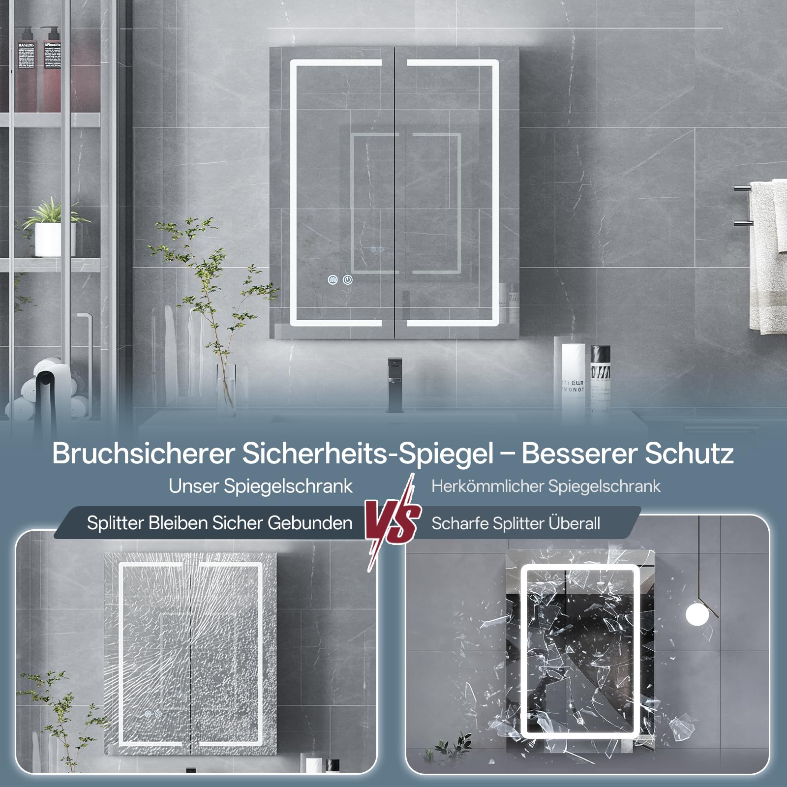 HySail Spiegelschrank Bad mit Beleuchtung, Dimmbare Helligkeit & 3 Farbtemperaturen, 60x70x14cm Badezimmer Spiegelschrank mit Touch-Schalter, Anti-Beschlag & Steckdose, Komplett Vormontiert