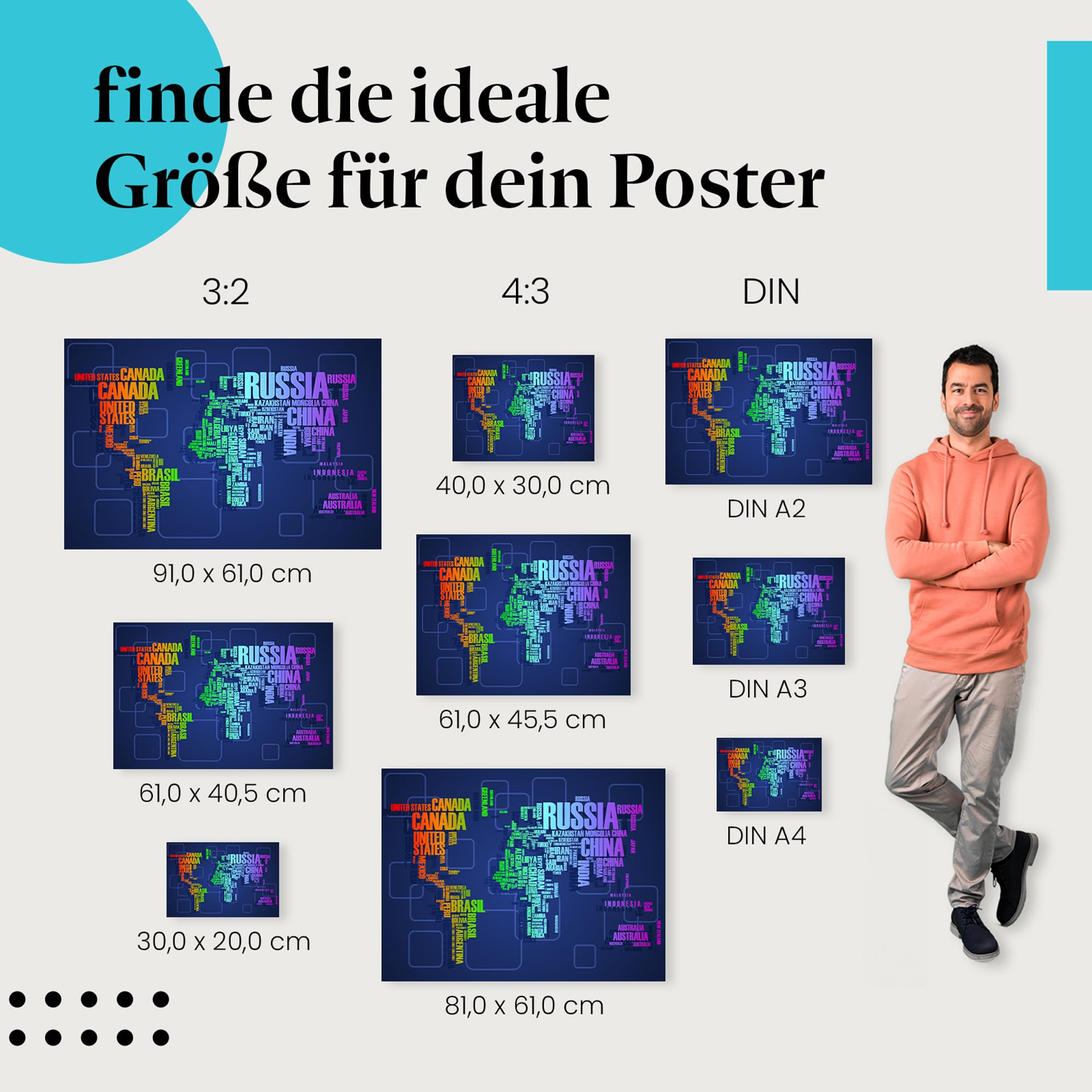 Postereck - 0925 - Moderne Schrift Welkarte, Bunt Länder Kontinente - Unterricht Klassenzimmer Schule Wandposter Fotoposter Bilder Wandbild Wandbilder - Leinwand - 100,0 cm x 75,0 cm