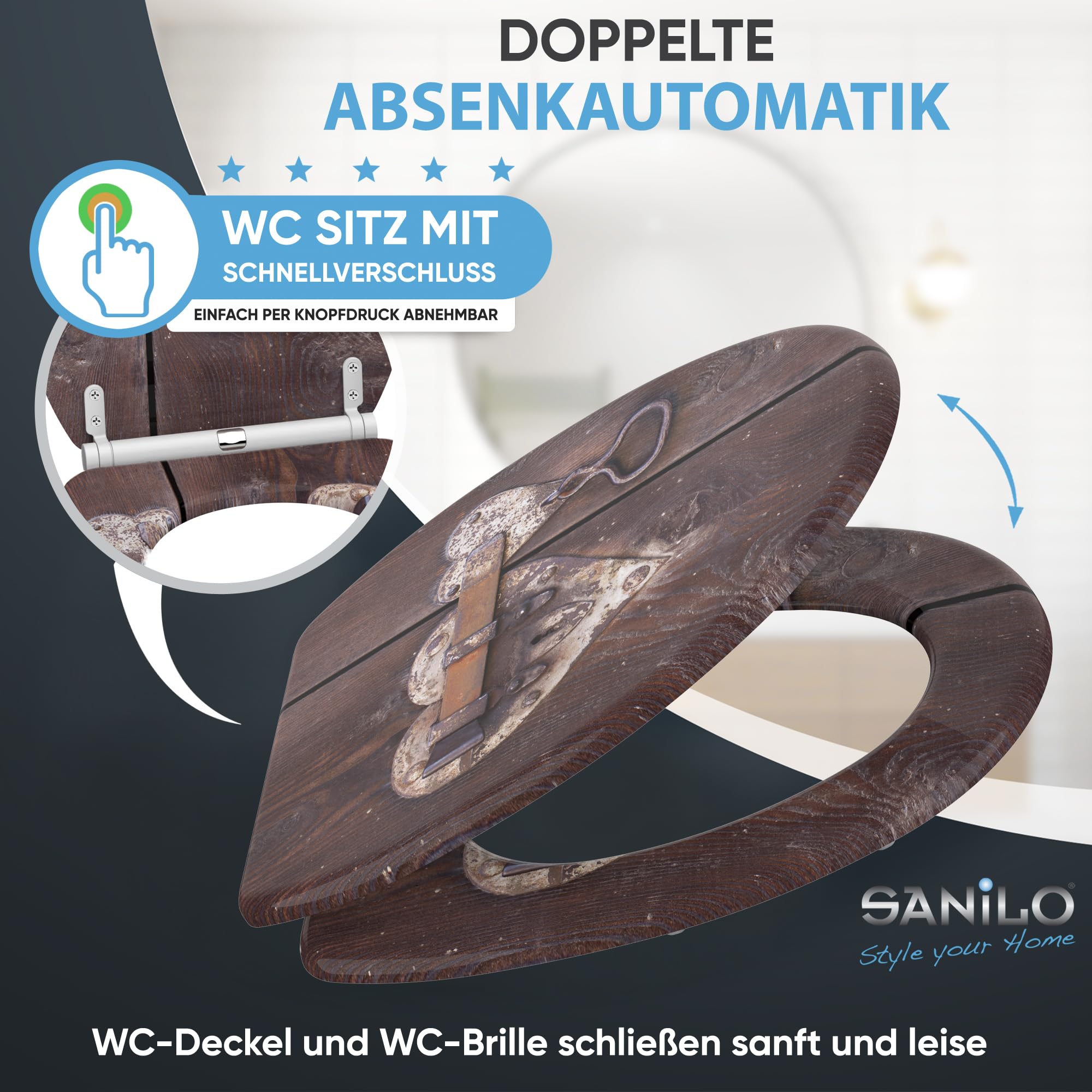 Sanilo WC Sitz mit Absenkautomatik & Quick-Release aus Holz, Türschloss