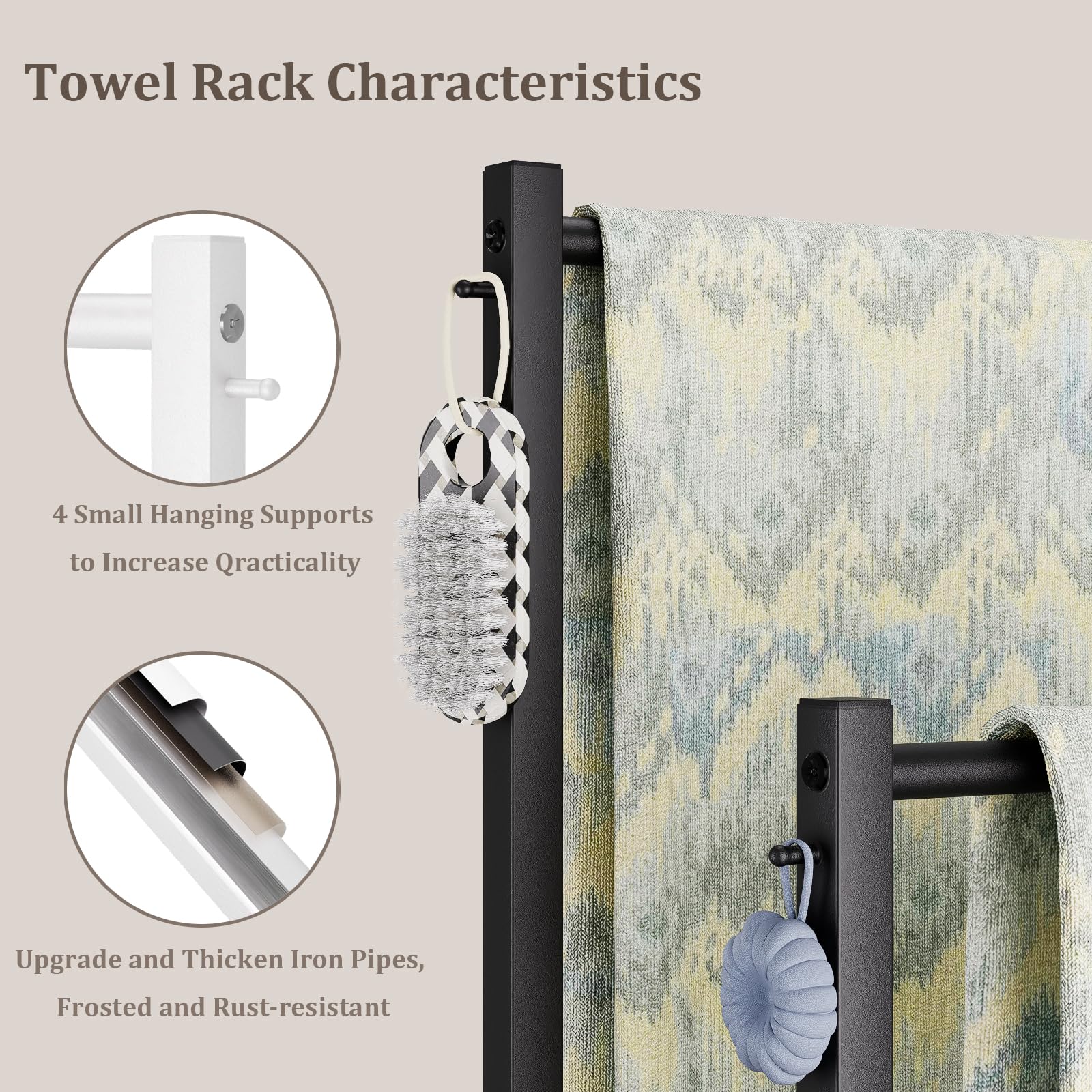 Yawinhe Porte Serviettes, Accessoires de Salle de Bain, Porte-Serviettes sur Pied avec 2 Barres, pour Serviettes de Bain, Vêtements, 39x26x80cm, Noir, SMJ002B-