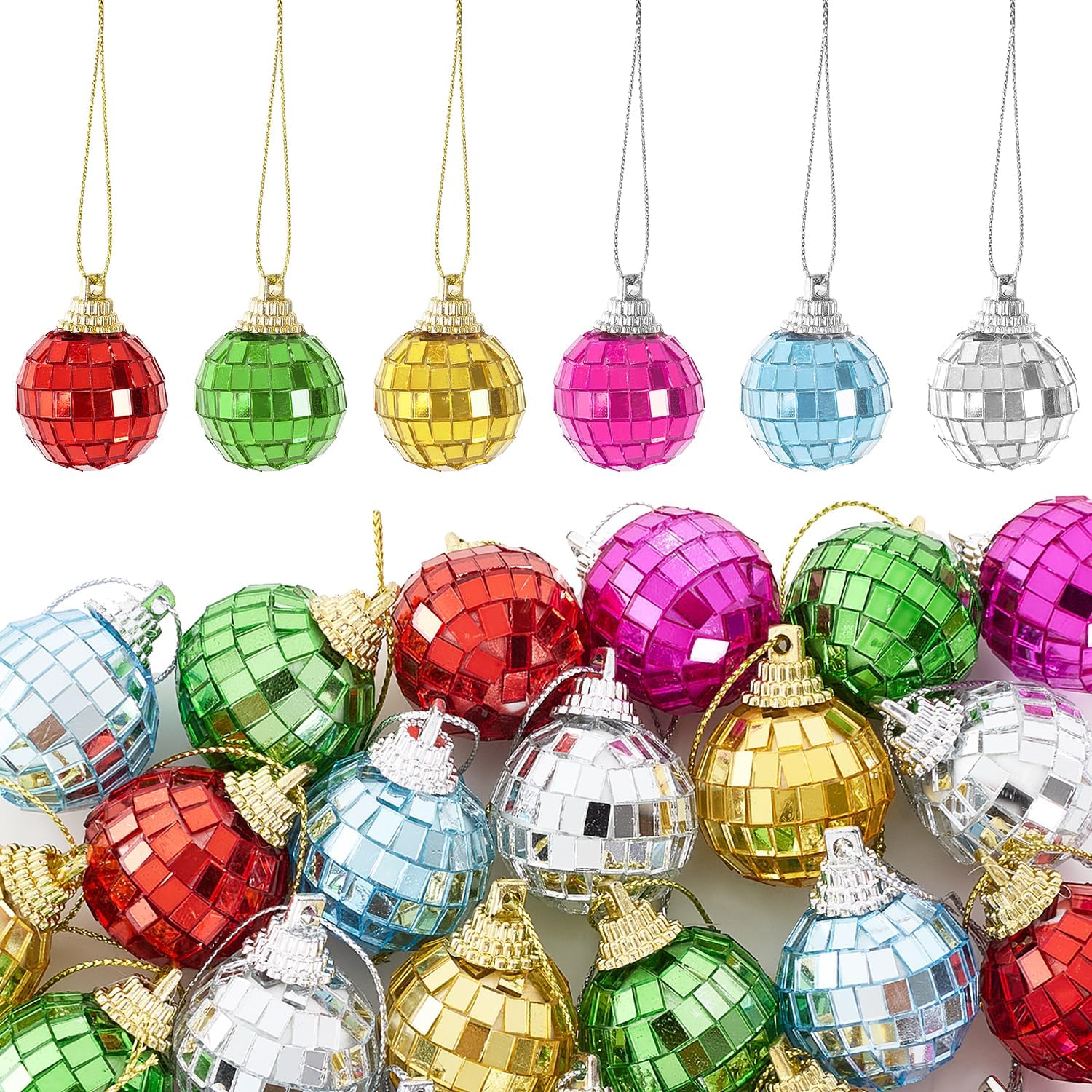 24pcs Colorful Mirror Disco Balls Set Christmas Colorful Disco Balls 70s Party Decor Hanging Reflective Mirror Ball with Rope for Christmas Tree Ornaments Disco Birthday Party Decorations