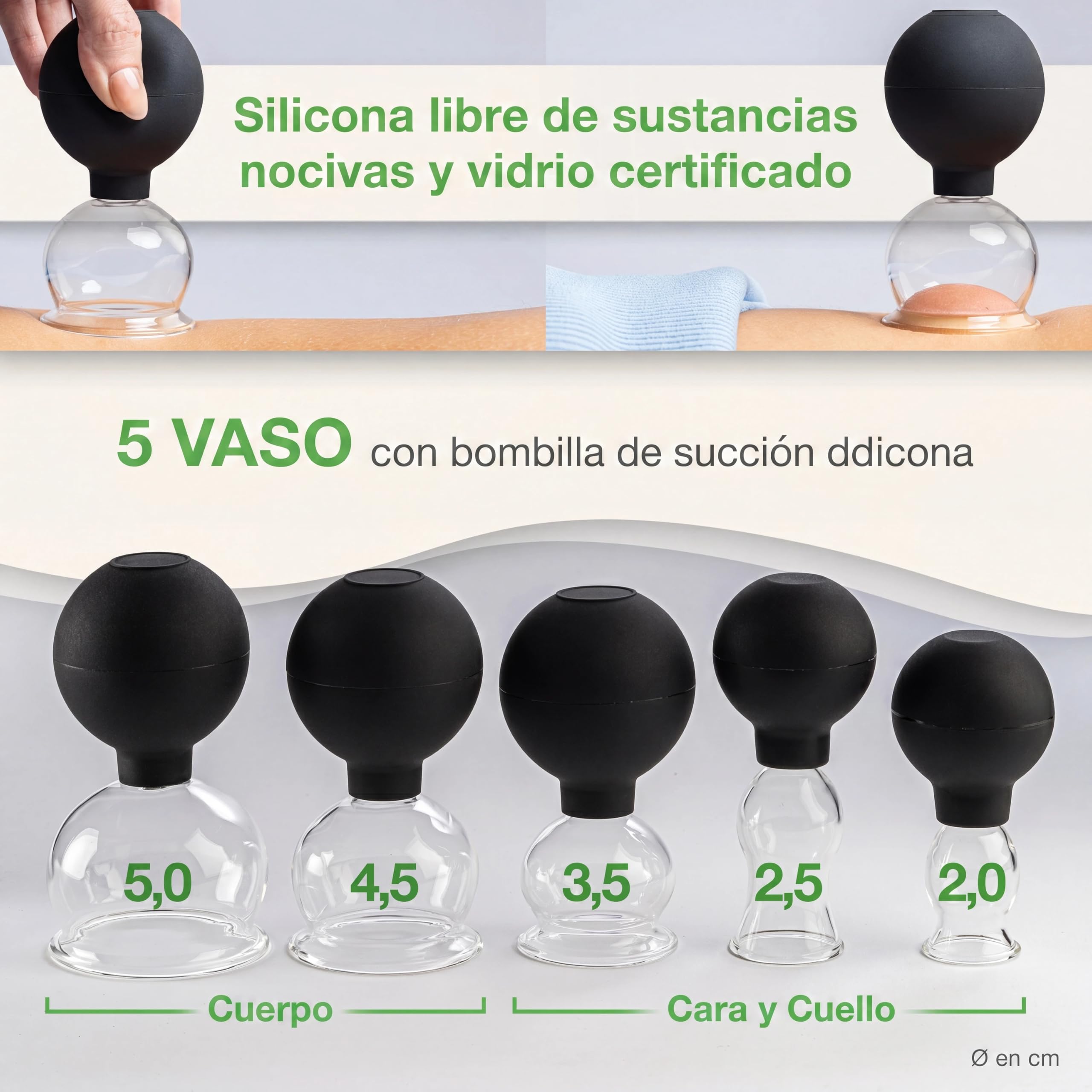 BACKLAXX ® Juego de Ventosas de Vidrio con Bola de Succión de Silicona y Raspador de Fascia | Ventosas-Masaje | Ventosa Celulitis | Ventosas-Faciales Antiedad | 5 unidades