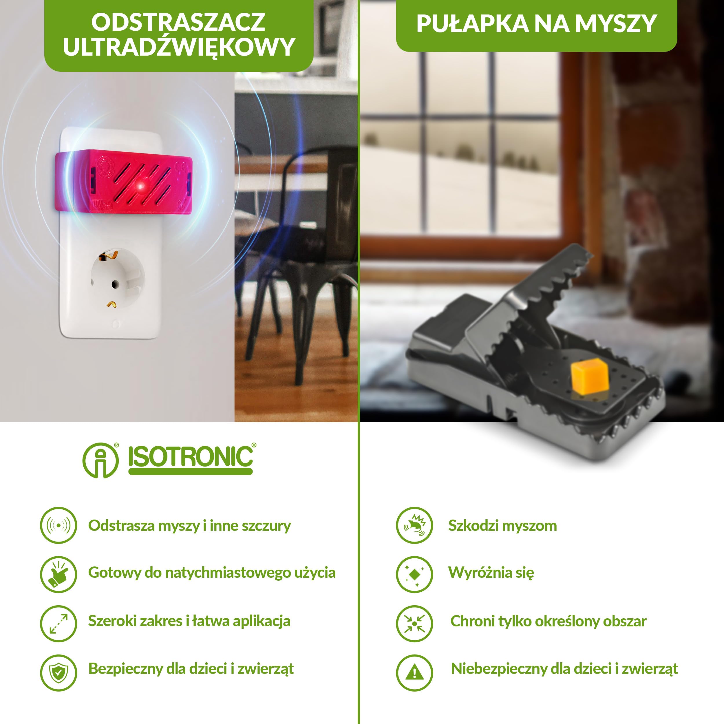 ISOTRONIC Ultradźwiękowy odstraszacz myszy i szczurów – Do piwnicy, garażu i na strych – Ochrona bez trucizny i pułapek – Zasięg skuteczny 30 m² (3 urządzenia)