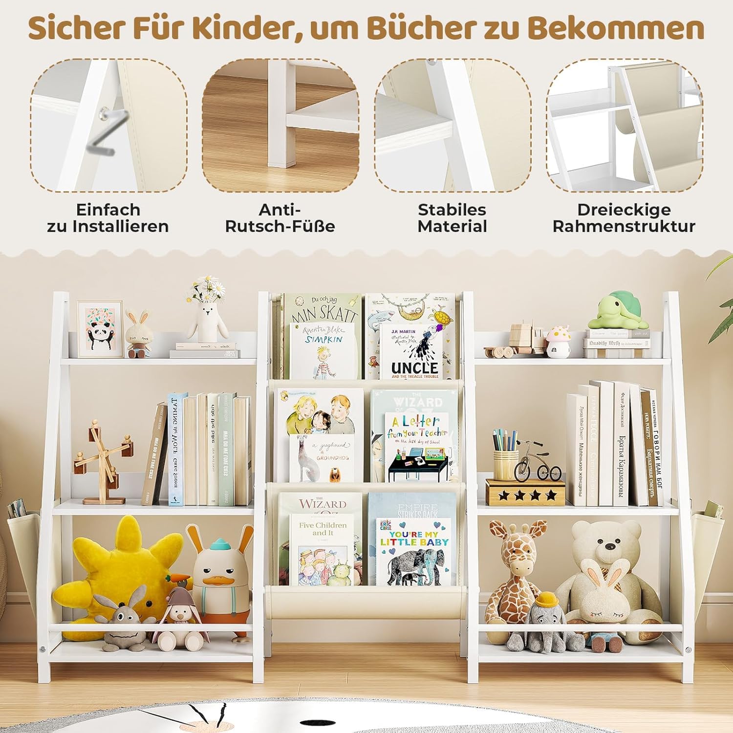 Bücherregal Kinder Mit 6 Fächern und 3 Ablagen | Spielzeugregal in Weiß | 127x72 cm Großes Bücherregal Kinderzimmer zur Aufbewahrung von Bilderbüchern & Spielzeug | Aufbewahrungsregal für Kleinkinder