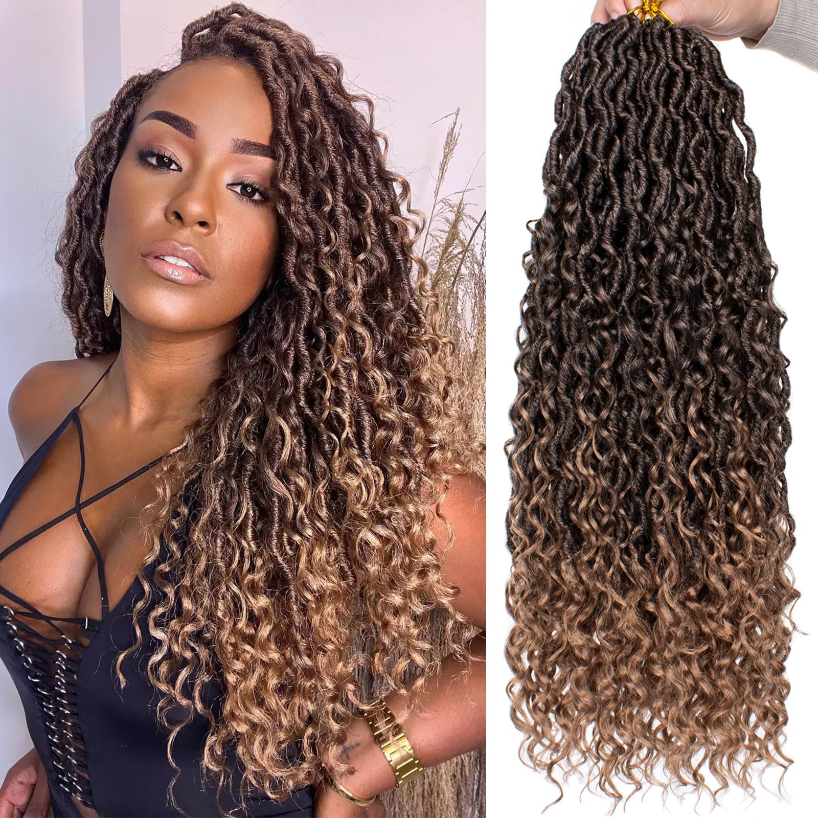 COOKOO 30 Inch 8 Packs Ombre Goddess Locs Crochet Hair 12 Stands/Pack Boho Faux Locs Crochet Hair with Curls Pre Looped River Locs Crochet Hair for Women Bohemian Locs Synthetic Hair Extensions T27#