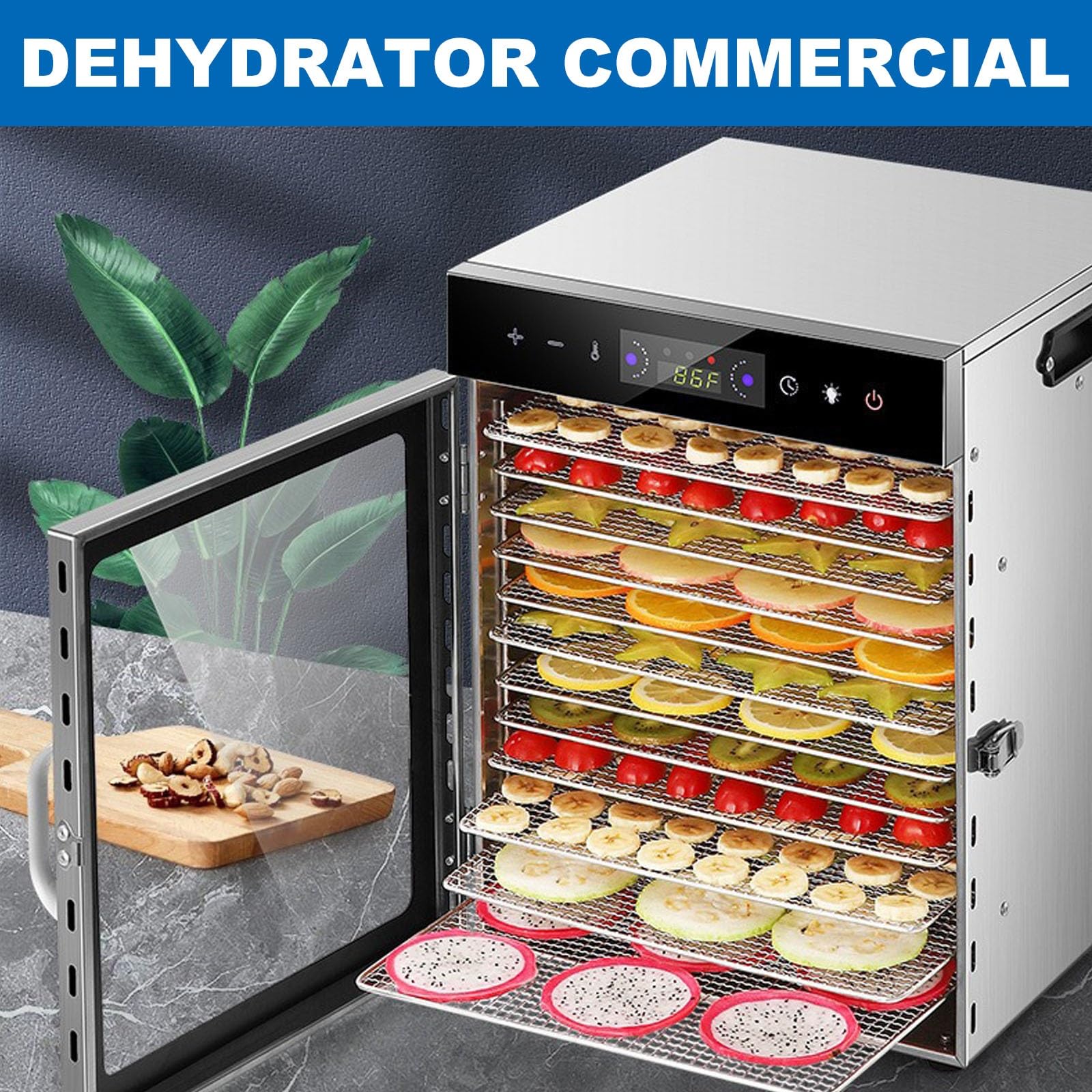 Deshidratador De Alimentos Comercial De 6, 8, 10, 12 O 18 Bandejas, Deshidratador Doméstico De Acero Inoxidable Para Alimentos, Cecina, Hierbas Y Frutas, Gran Capacidad Y Tiempo Ajustables(10 Tray)