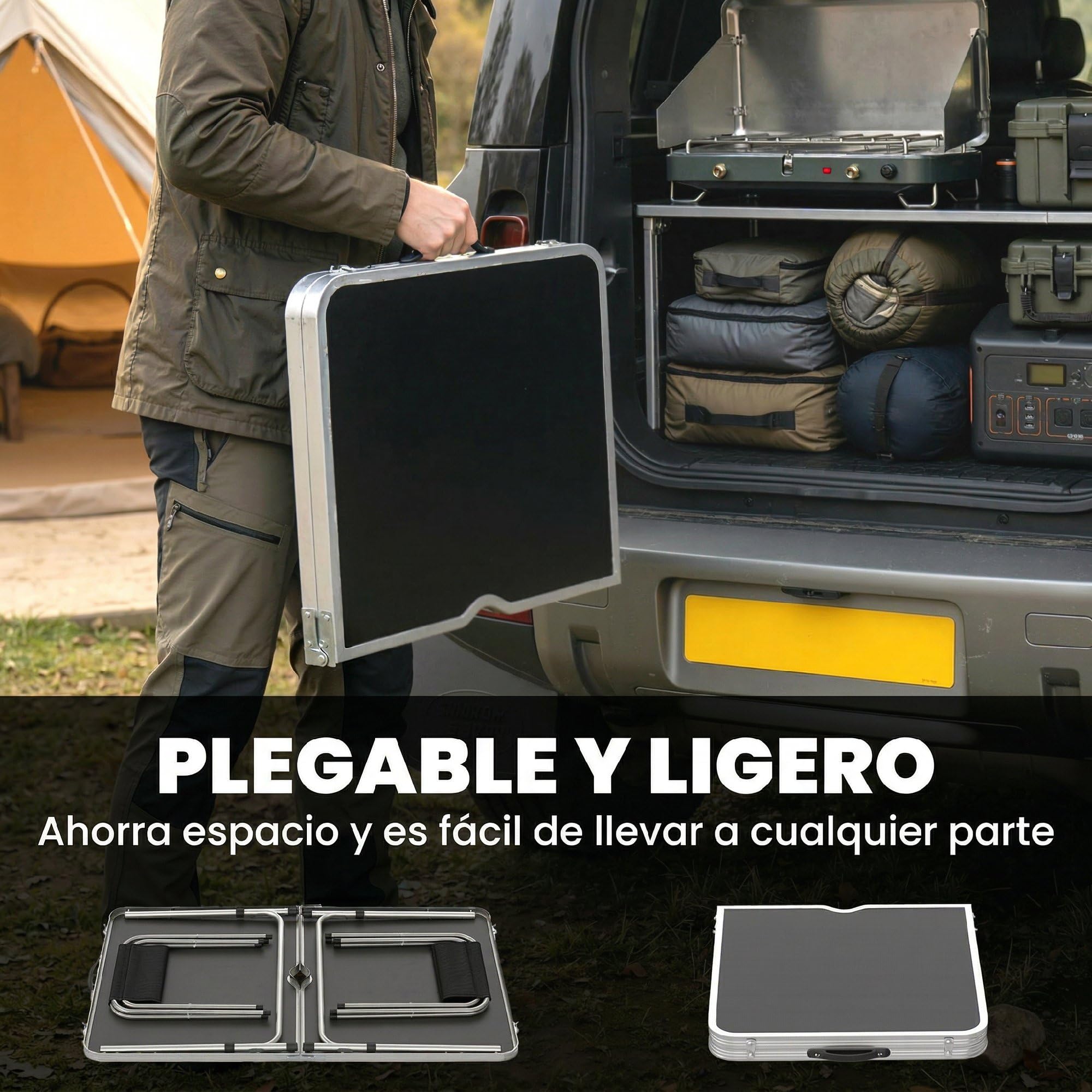 Outsunny Conjunto de Camping de 5 Piezas Mesa para Camping Plegable con Sillas Incluye 1 Mesa Ajuatsble en Altura con Encimera MDF Orificio para Sombrilla 120x60x55-70 cm y 4 Taburetes Plegables Negro