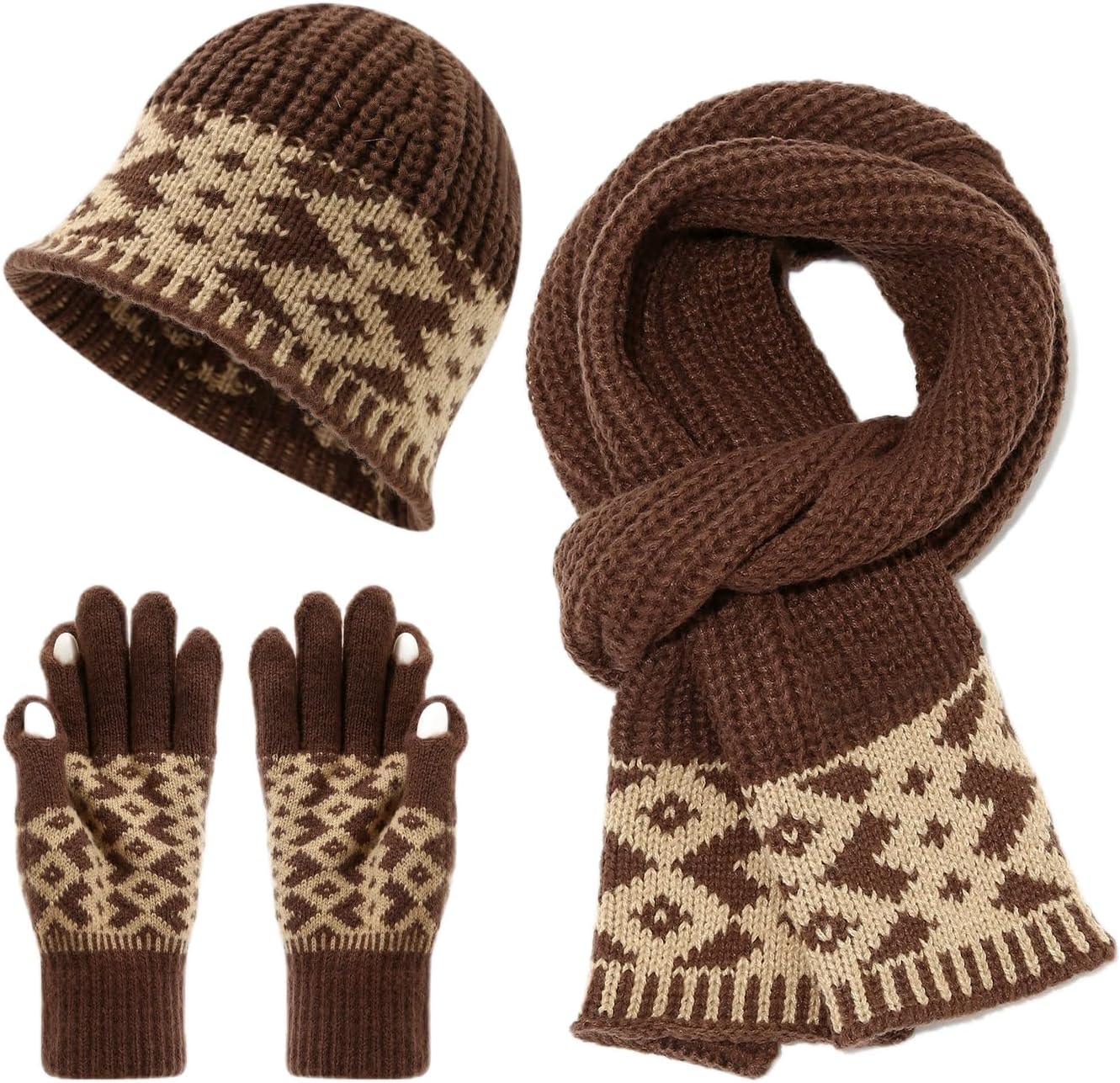Ethnic Knit Set - Winter Hat Scarf Gloves Ear Protection Warm Trio Women's