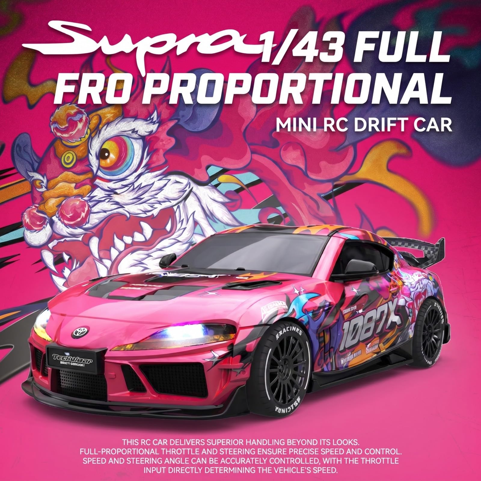Coche teledirigido 1:43 RC con giroscopio, 2,4 GHz Full Proportional telecontrol, Mini Racing Drift Car con luz LED, vehículo de deriva de alta velocidad, color rosa