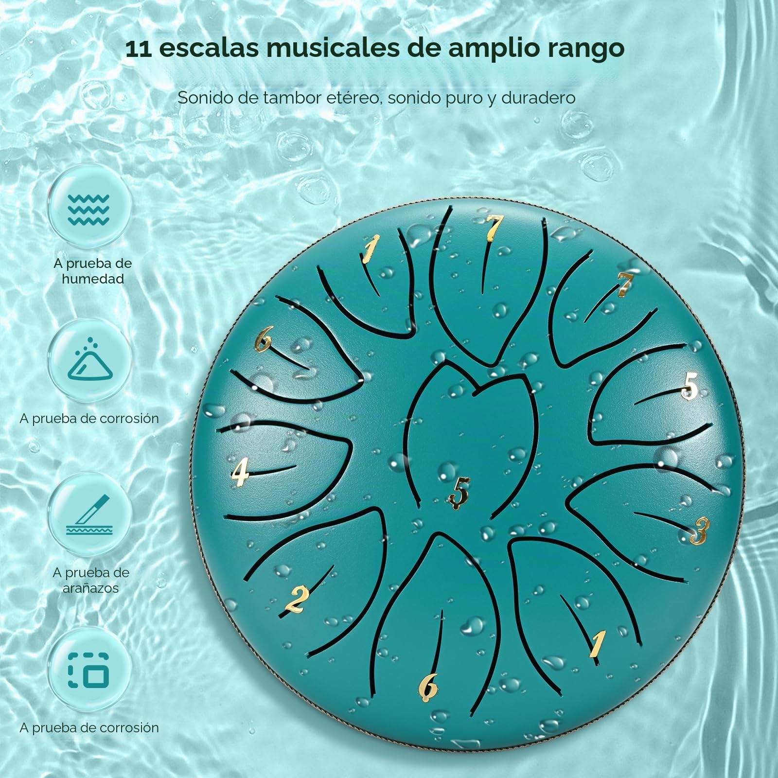 Tambor de lluvia para jardín exterior, 6 pulgadas, 11 notas, instrumento de lengua de acero, con baquetas, soporte para baquetas, meditación, yoga, educación musical, el mejor regalo para