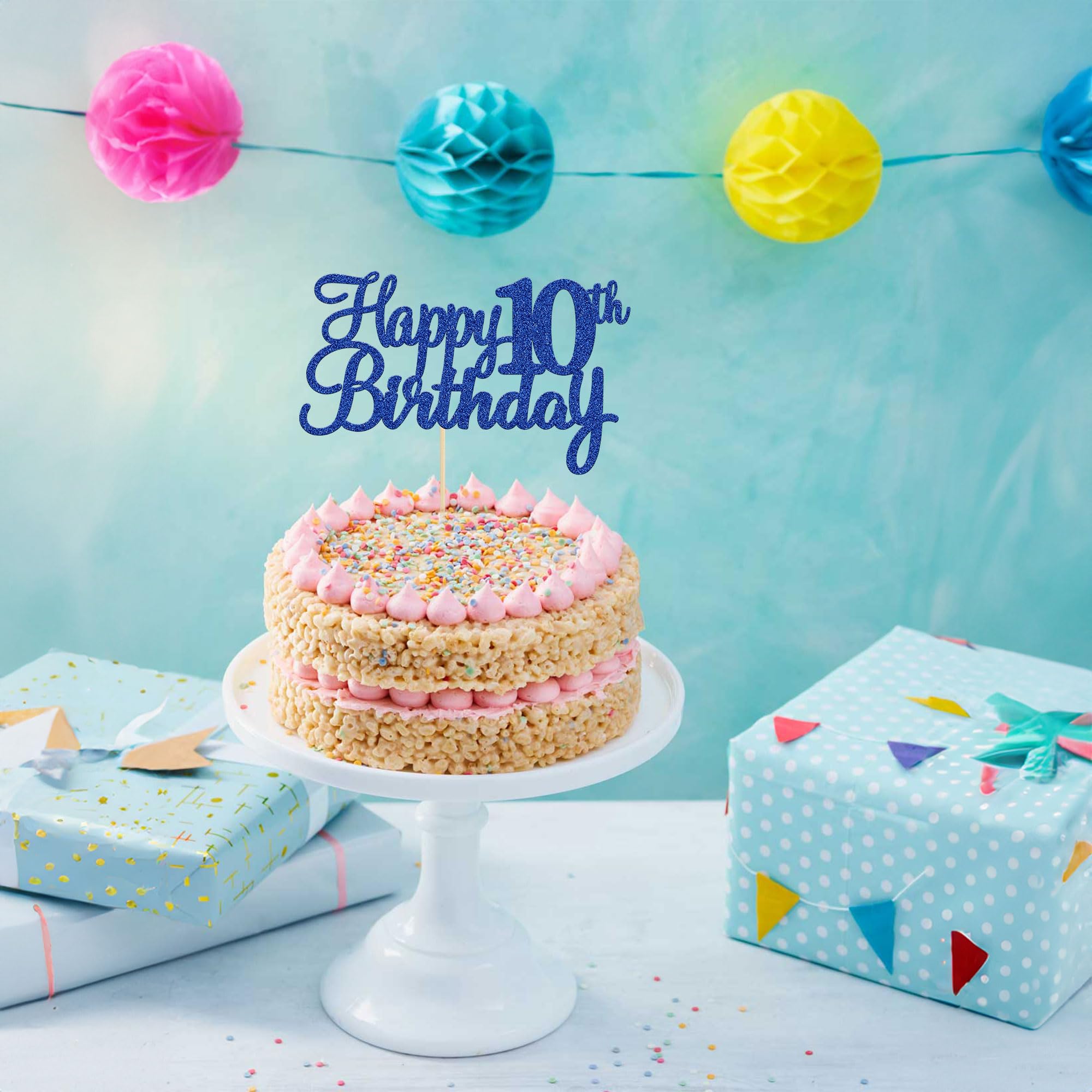 Gyufise 1Pc Happy 10th Birthday Cake Topper Blue Glitter 10th Birthday Cake Pick Cheers to 10 Years Old Ten Fabulous Cake Decorations for 10th Birthday Theme Party Supplies 4