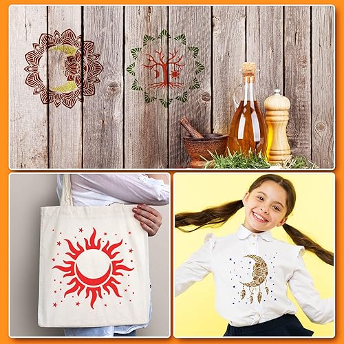 Miniatura 6 de Zubebe 9 plantillas de pared de mandala sol y luna de 11 x 11 pulgadas, plantillas de azulejos de mandala de luna, sol, flores, plantillas de