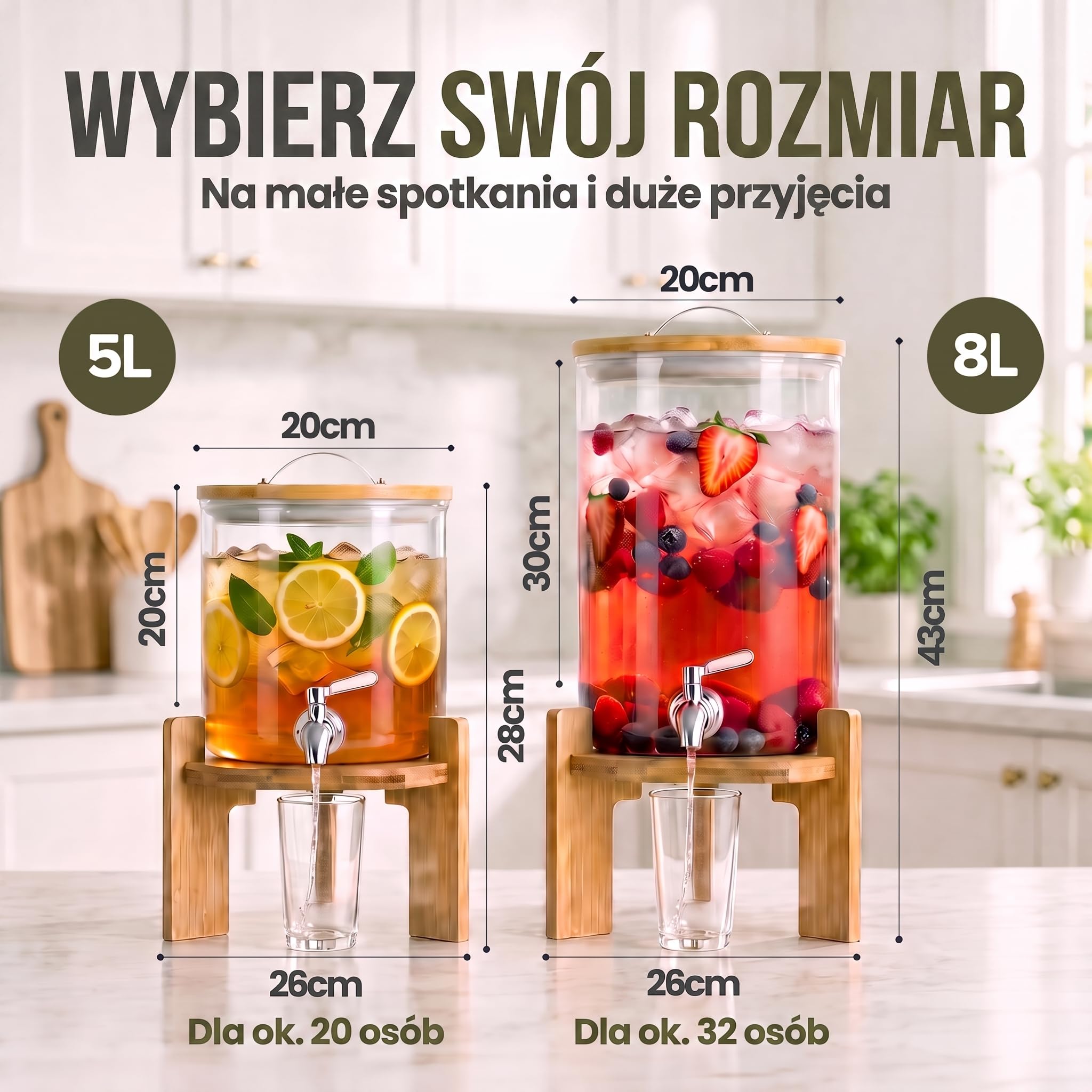 Dimono® Szklany Dozownik do Napojów 5 l z Kranem | Żaroodporne szkło borokrzemowe, kran ze stali nierdzewnej, bambusowy stojak 12 cm i pokrywka
