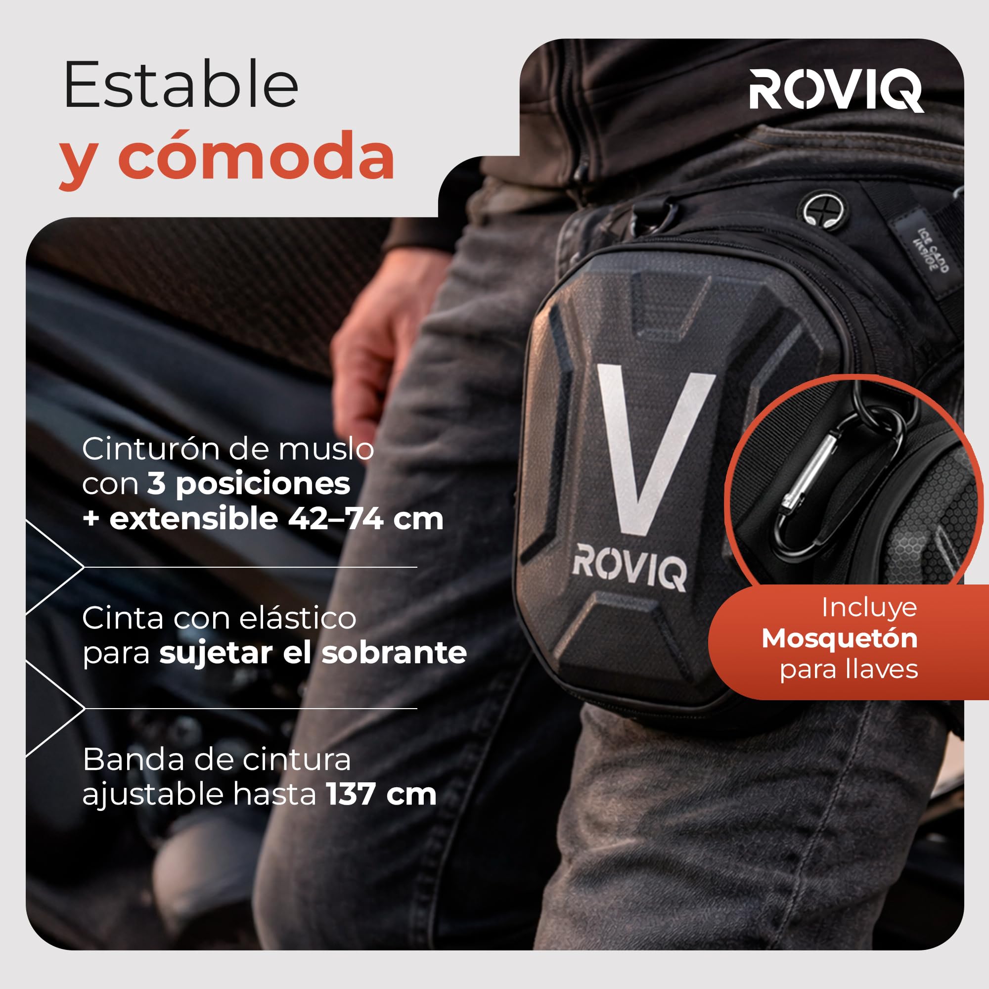 ROVIQ Pernera Moto Unisex, Bolsa Pierna Moto expandible 10-16 cm con 2 Compartimentos, Frontal EVA/PU semirrígido, Bolsillo Ice Card, 2 Ice Cards y mosquetón - Accesorios Moto — view 8