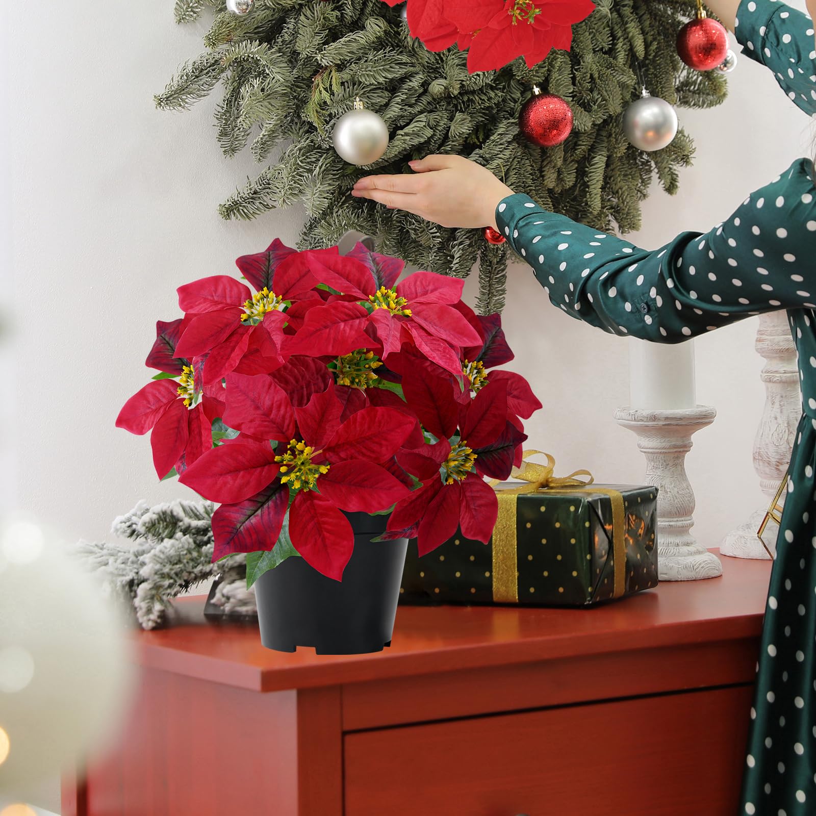 Poinsétias Artificiais De Natal - 35,5 Cm Com Bagas Brancas, Vaso Decorativo