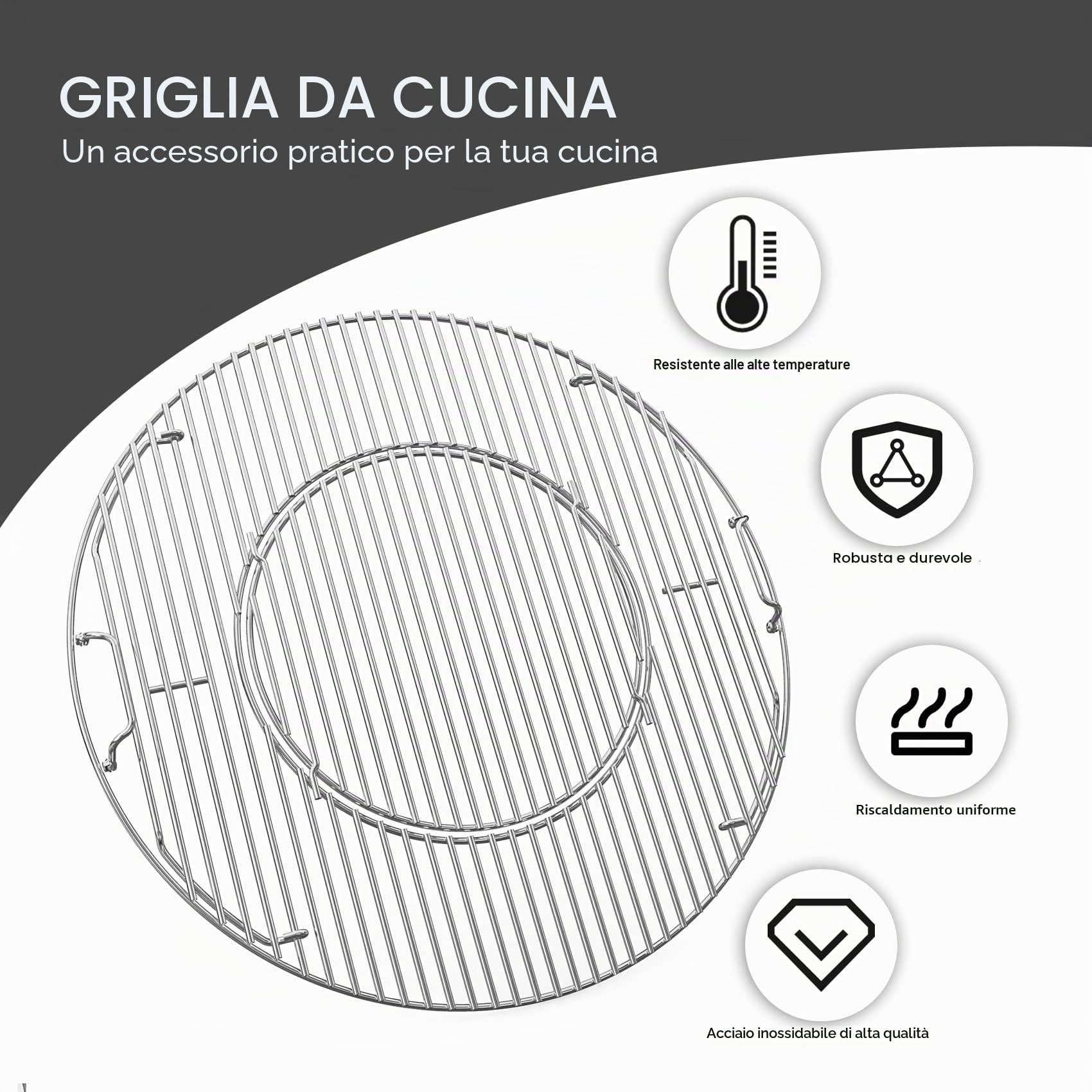 Onlyfire Griglia Barbecue Acciaio Inossidabile 54,5 cm Doppia Apertura Manico Staccabile Weber Gourmet BBQ System