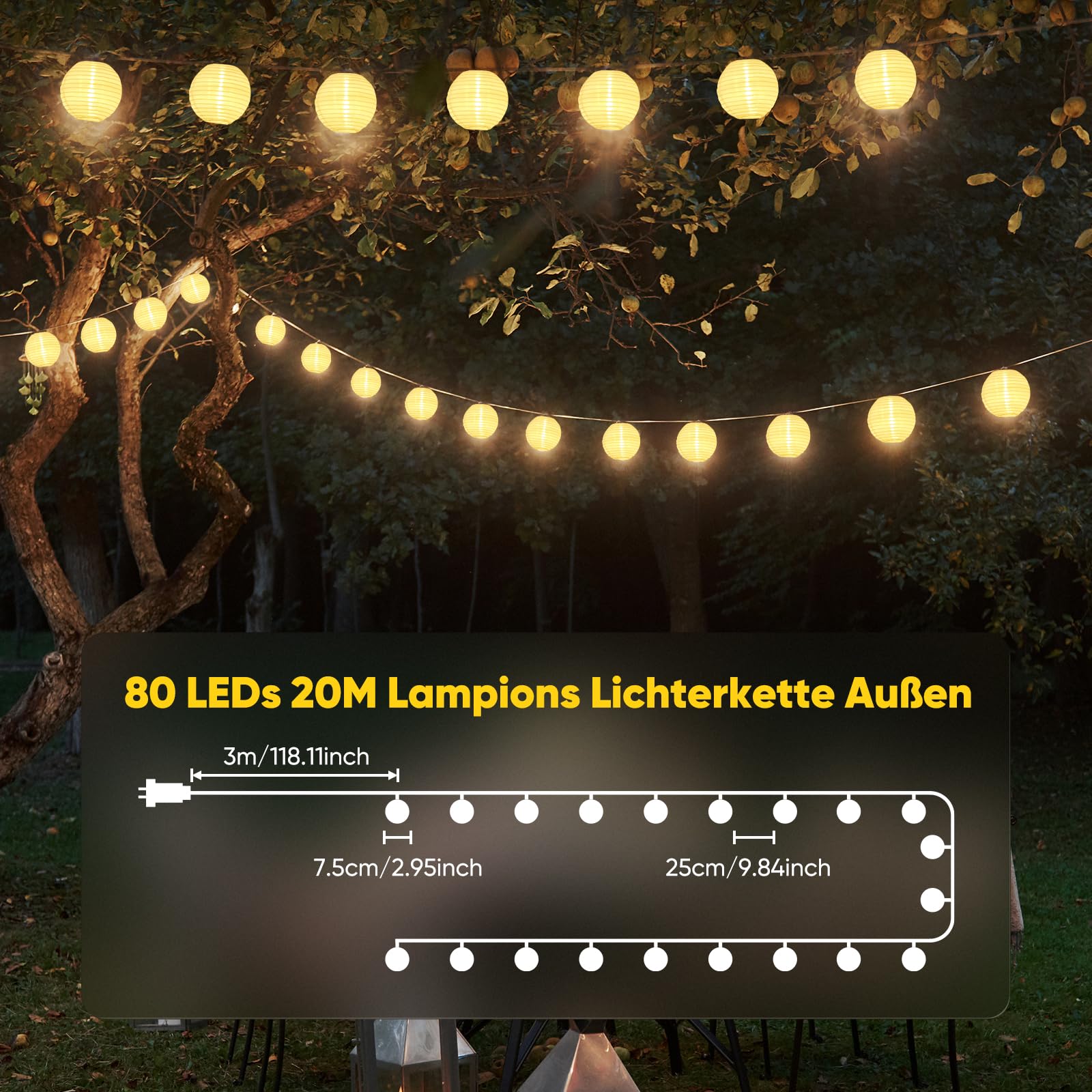 SALCAR 20m LED Laterne Außen, 80er Lampions Lichterkette, Gartenlaterne Deko für Draußen mit 8 Beleuchtungsmodi, 31V Sicherheitsnetzteil, Warmweiß