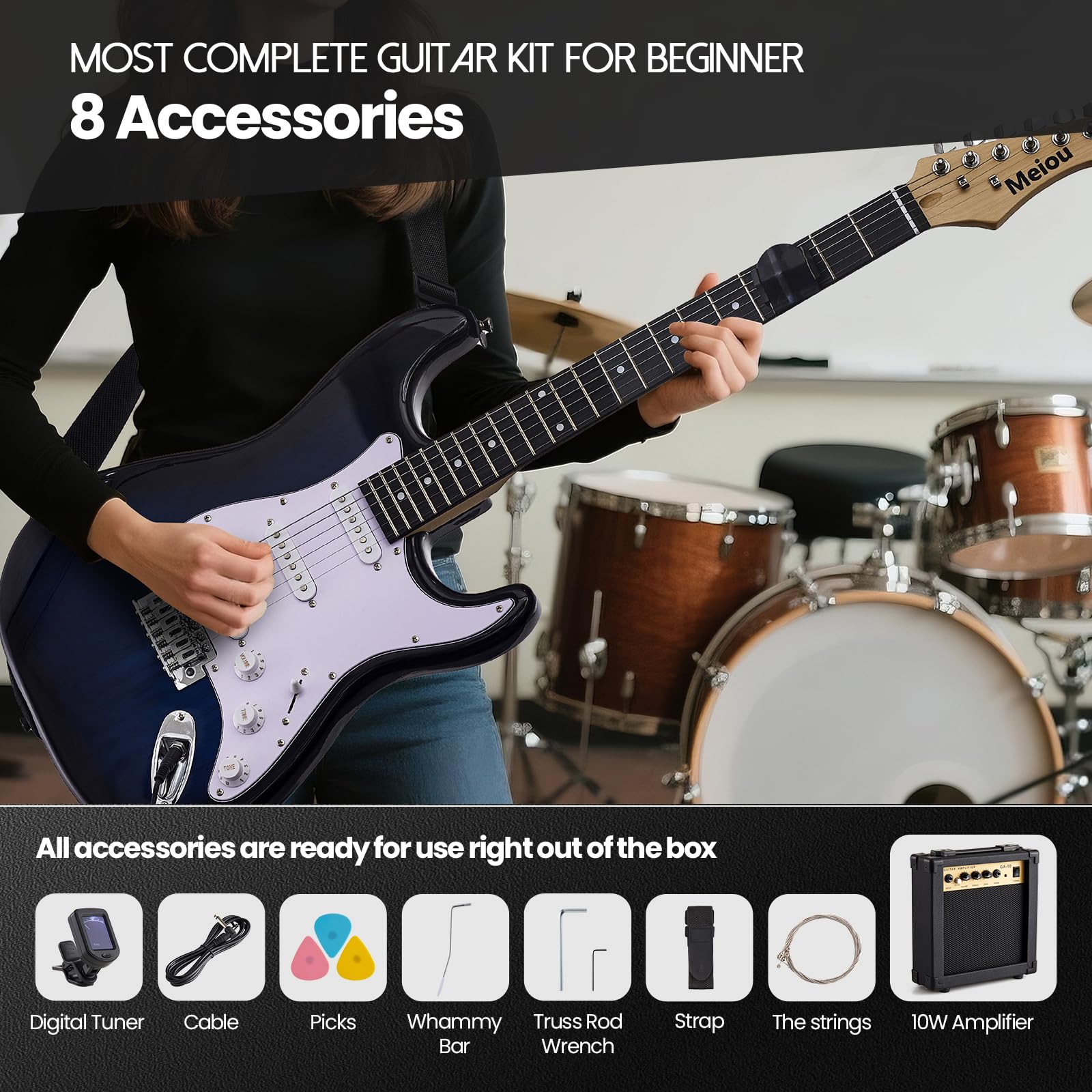 Starter kit per chitarra elettrica da 99 cm, serie ST, completo con chitarra elettrica, amplificatore, tracolla, plettro, accordatore, corde, cavo e custodia per chitarra, adatto per