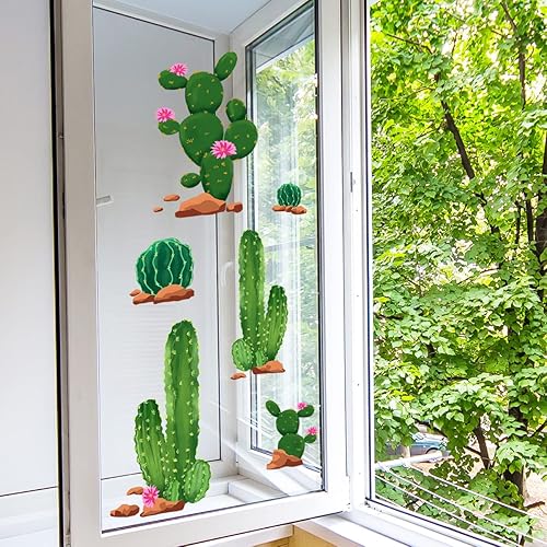 Miniatura 5 de duahappy Calcomanías adhesivas para ventana de cactus, suculenta planta verde en maceta de PVC de doble cara extraíble para decoración de ventanas