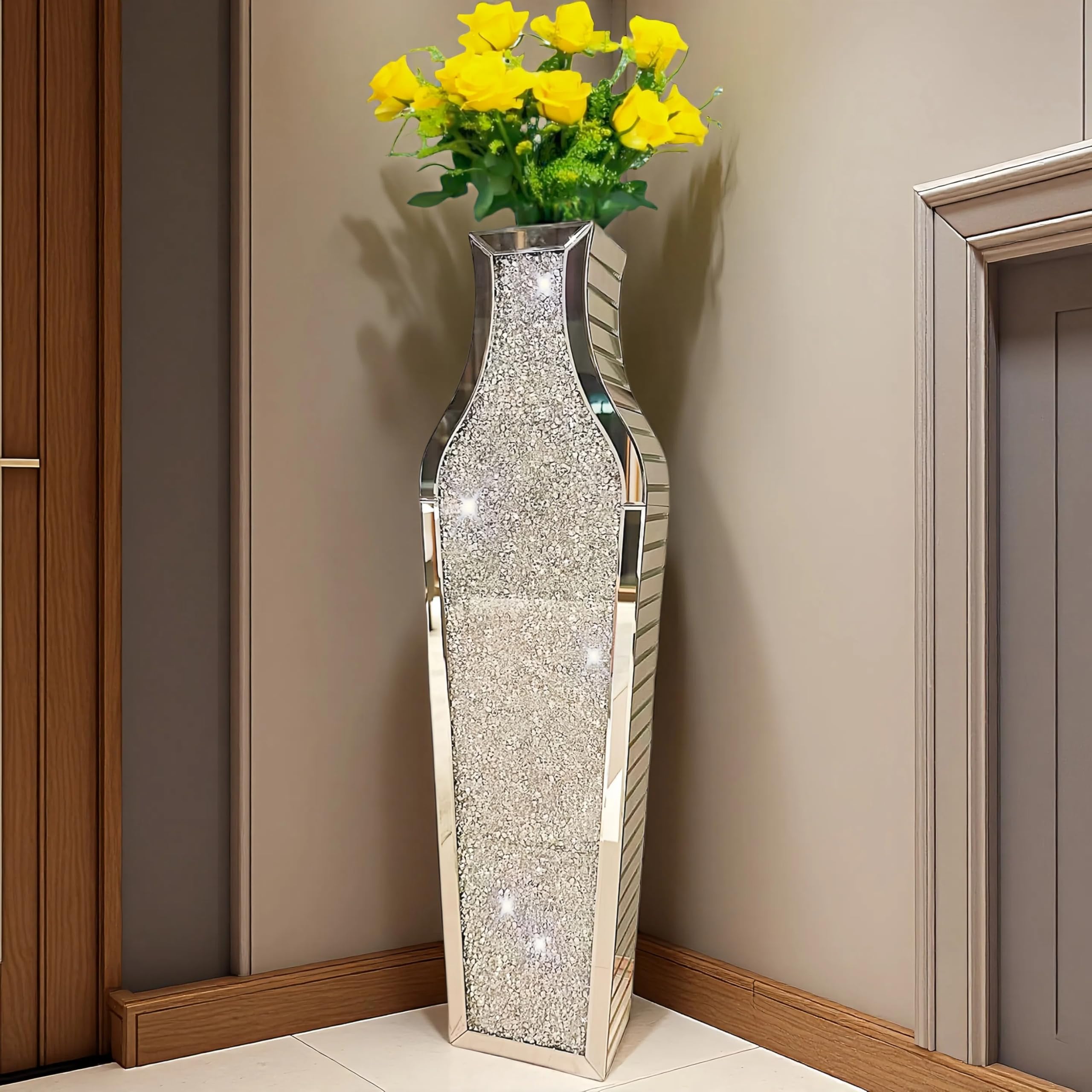 36" Extra Large Double Sided Crushed DiamondVases,Extra Tall Mirrored Sliver Vase for Floor, Huge Crystal Crush Diamond Decorative Vase for Home,