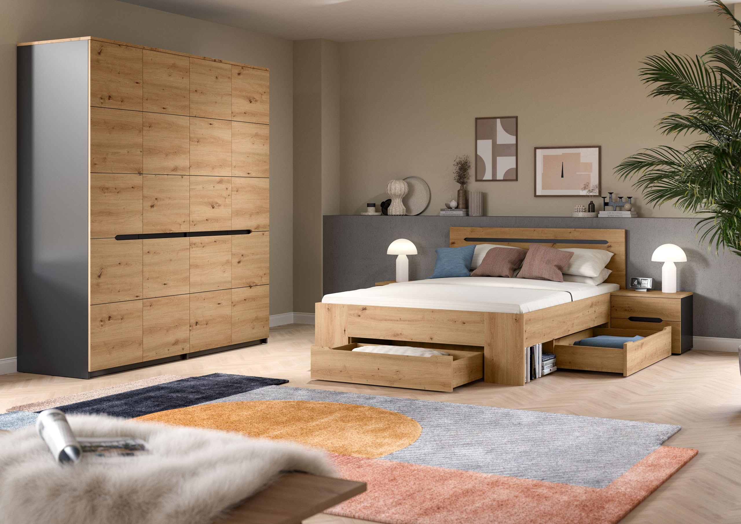 xonox.home – 4 TLG. Schlafzimmer-Set Canu in Artisan Eiche Nachbildung und Athrazit – Modernes Schlafzimmer mit viel Stauraum – stilvoll, langlebig & pflegeleicht