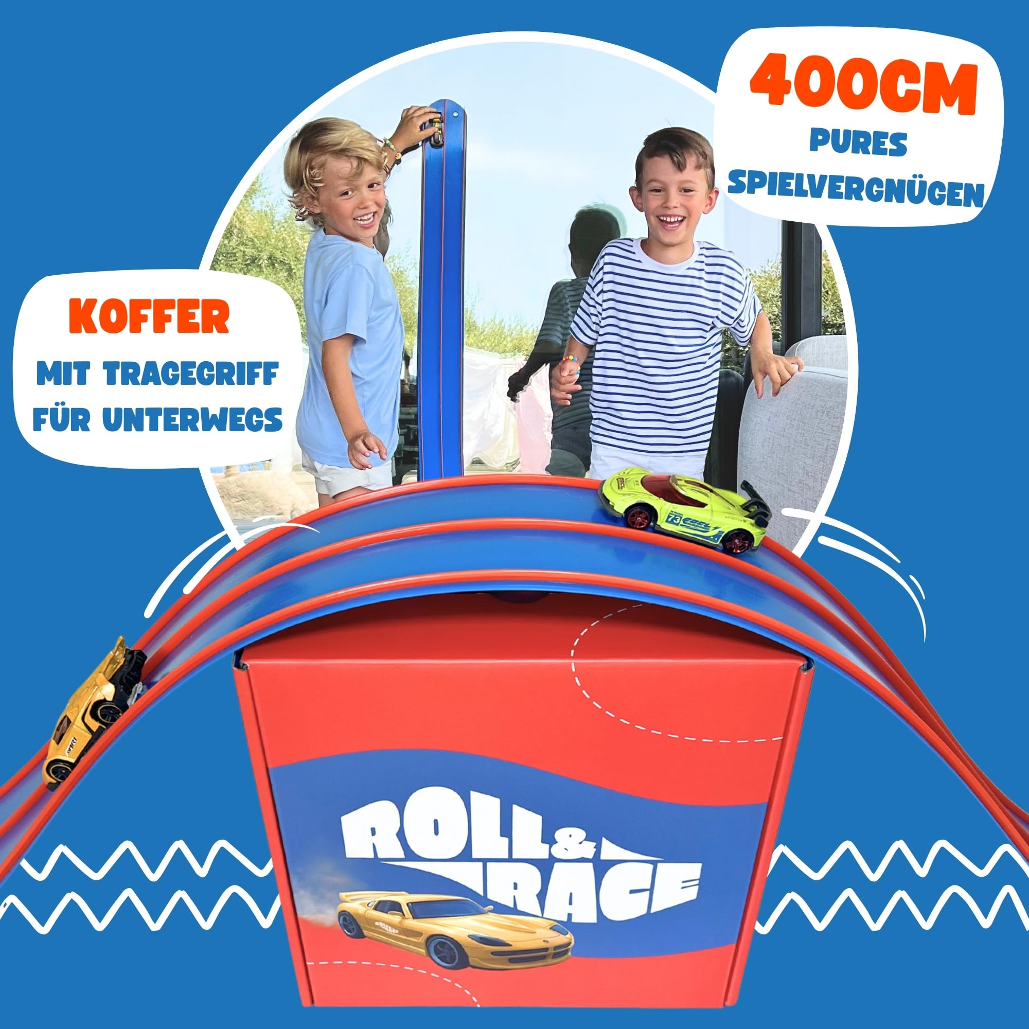 Roll&Race Flexible Autorennbahn 400cm - Made IN EU - Aufrollbare Rennstrecke Kinder - Kompatibel mit Spielzeugautos - Auto Rennbahn mit Transportkoffer - Gummistrecke