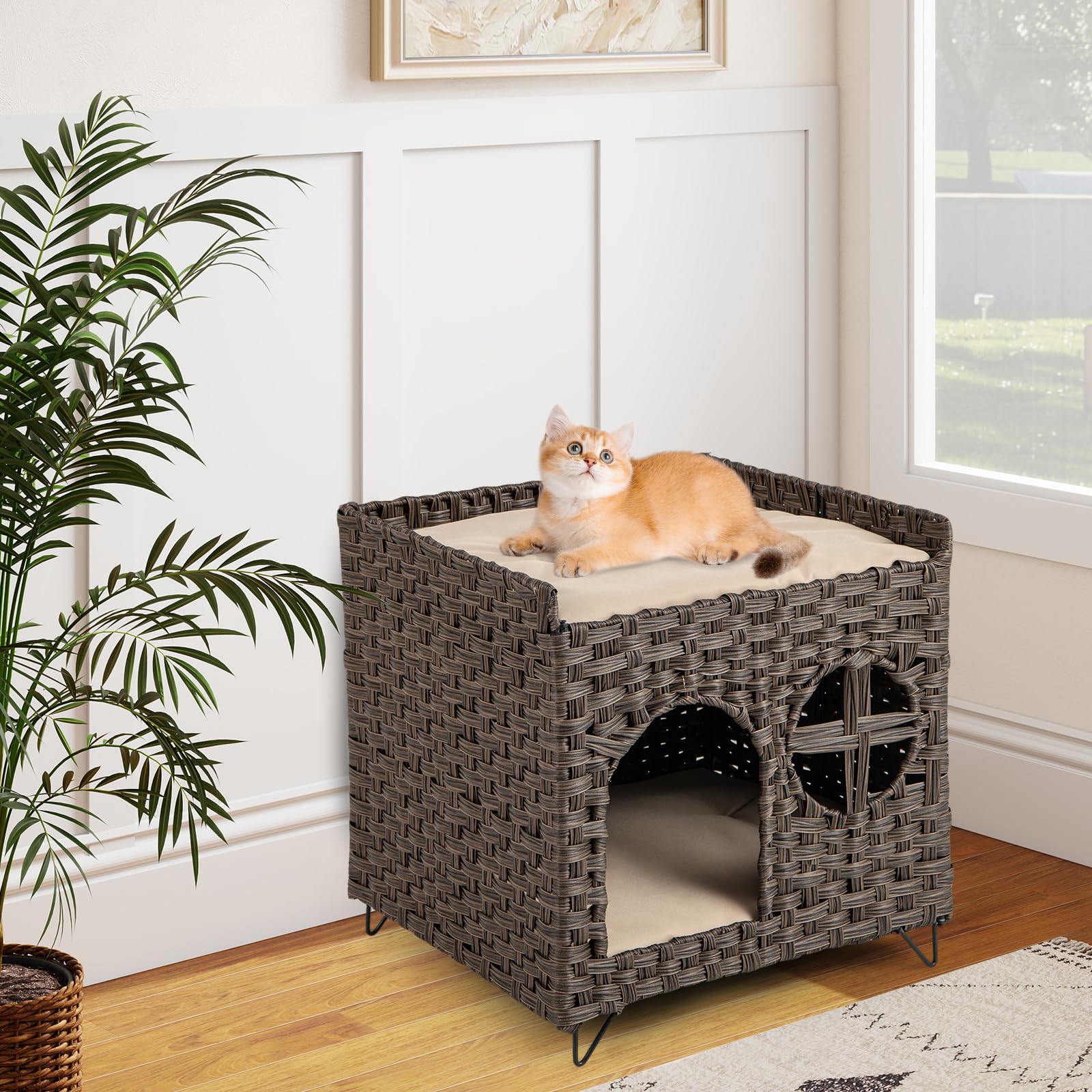 COSTWAY Casetta per Gatti in Rattan 50,5 x 45 x 50 cm, Cuccia a 2 Piani per Gatti con 2 Cuscini, Letto per Animali Domestici per Camera da Letto e Soggiorno