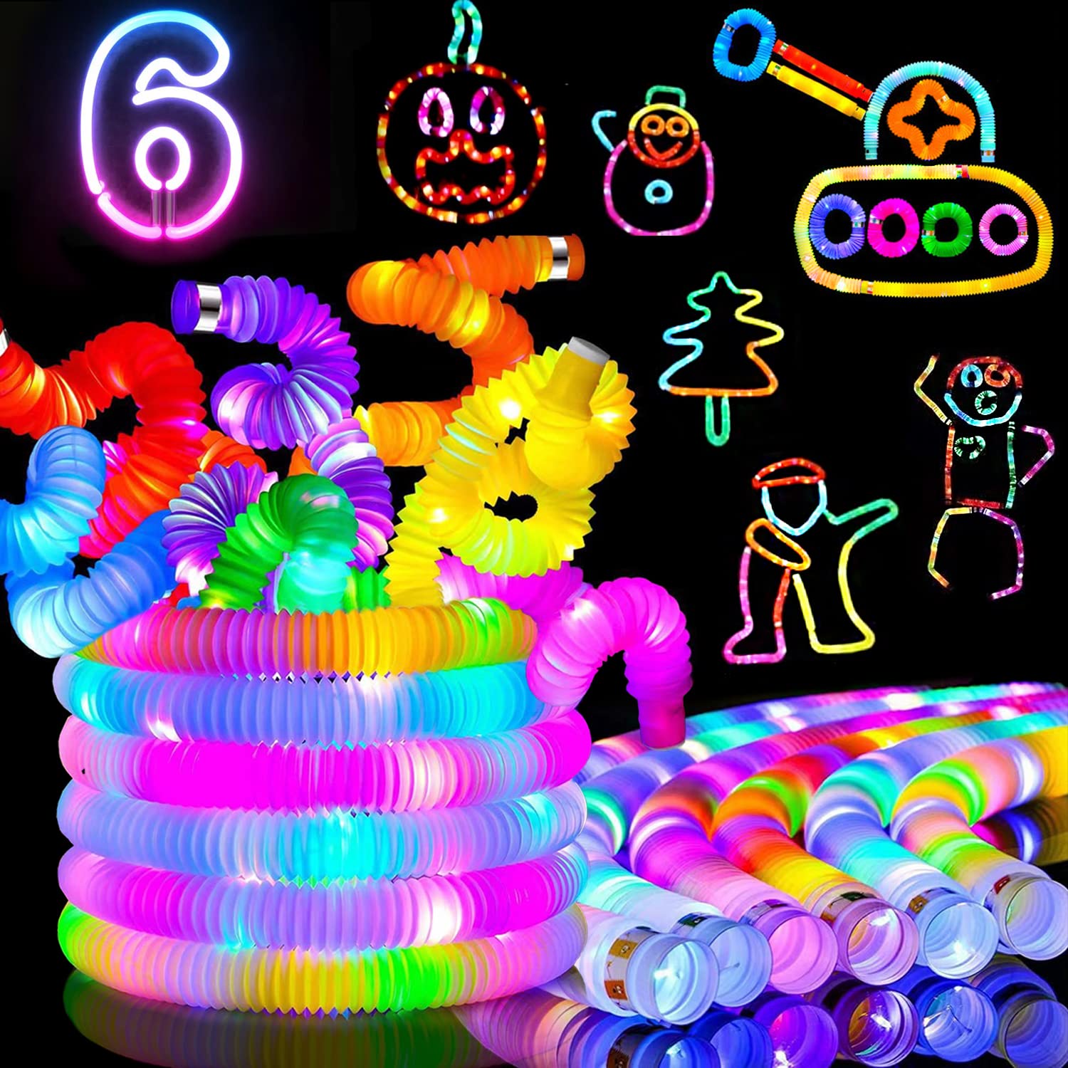 Jishi Light Up Glow Sticks Fidget Pop Tubes 6-Pack Toddler Sensory Toys for Kids Party Favors Goodie Bag Stuffers Birthday Filler Gifts, LED Stretchy Pipes Travel Camping Activity Games for Boys Girls