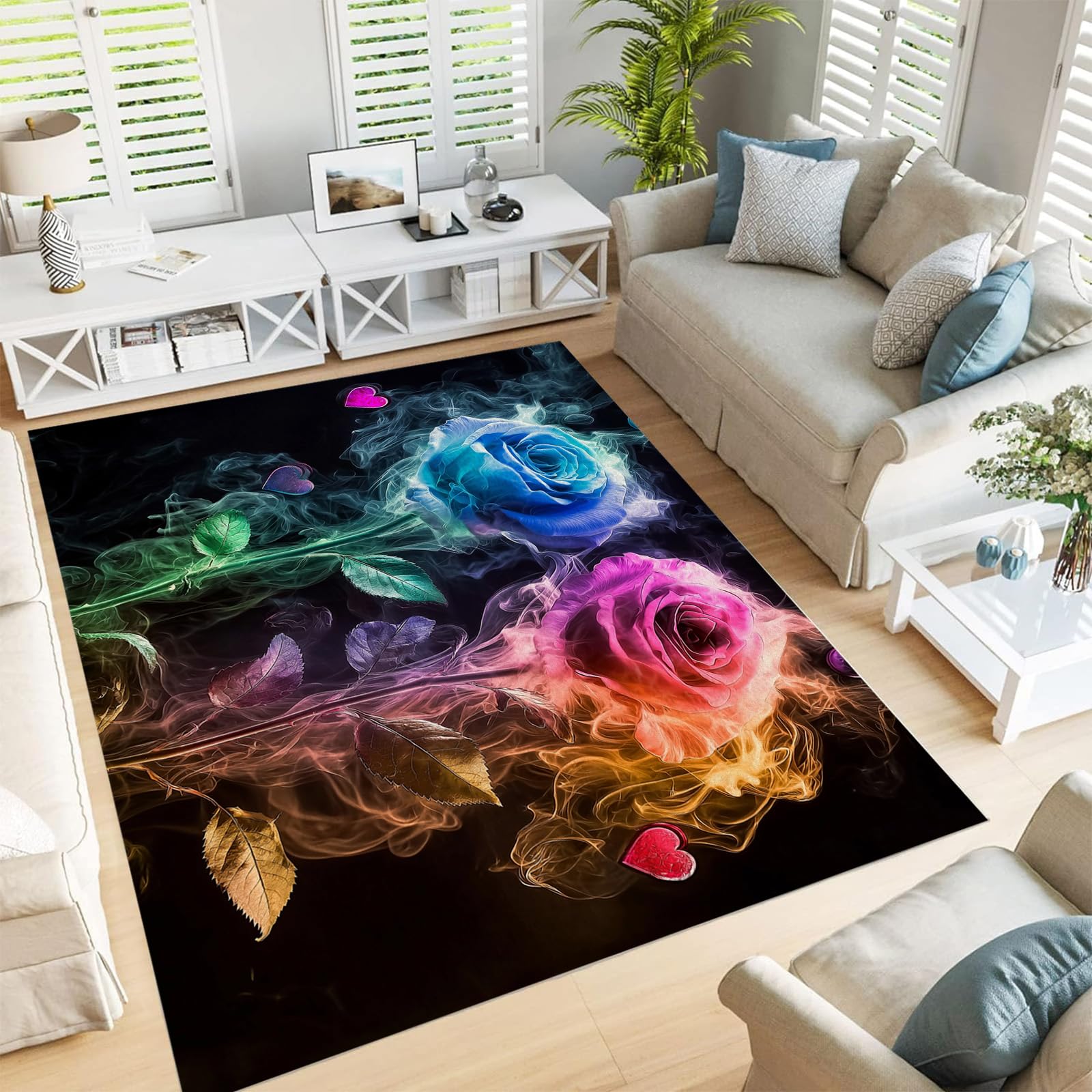 Tapis salon fleurs de fumée 180x270cm grand tapis chambre poils courts doux