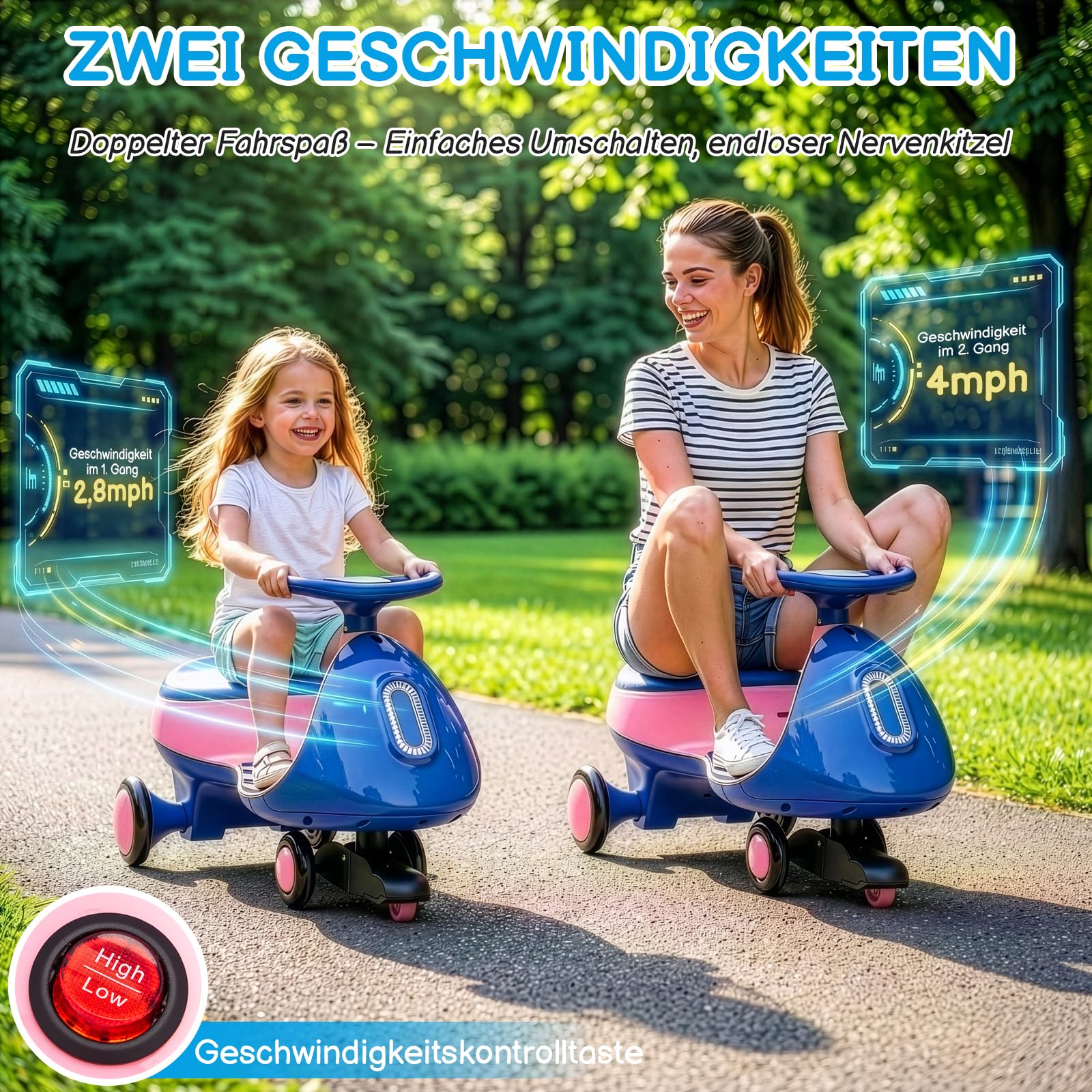 LALAHO Auto elettrica per bambini, 12 V, con pedale, auto elettrica a 2 velocità, protezione antiribaltamento, Bluetooth, per bambini dai 3 anni in su (blu e rosa)