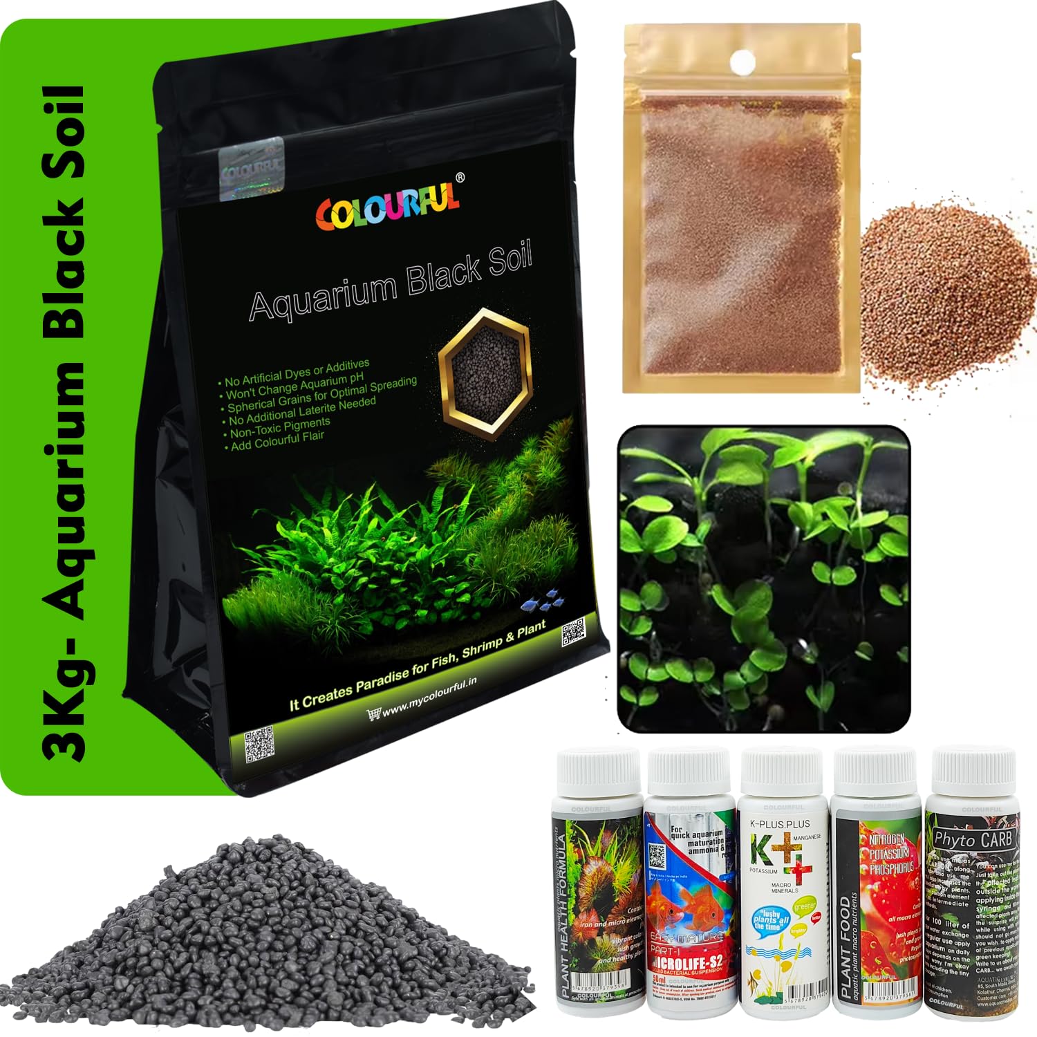 COLOURFUL - Planted Aquarium Black Soil Substrate Aqua Soil for Fish Tank | Live Planted Aquarium | Seeds and Plant Fertilizers (3Kg Soil + Carpet Plant Seeds Small + 5 in1 Plant Fertilizers Medicine) (B0D6YZZ5P5) Amazon Price History, Amazon Price Tracker