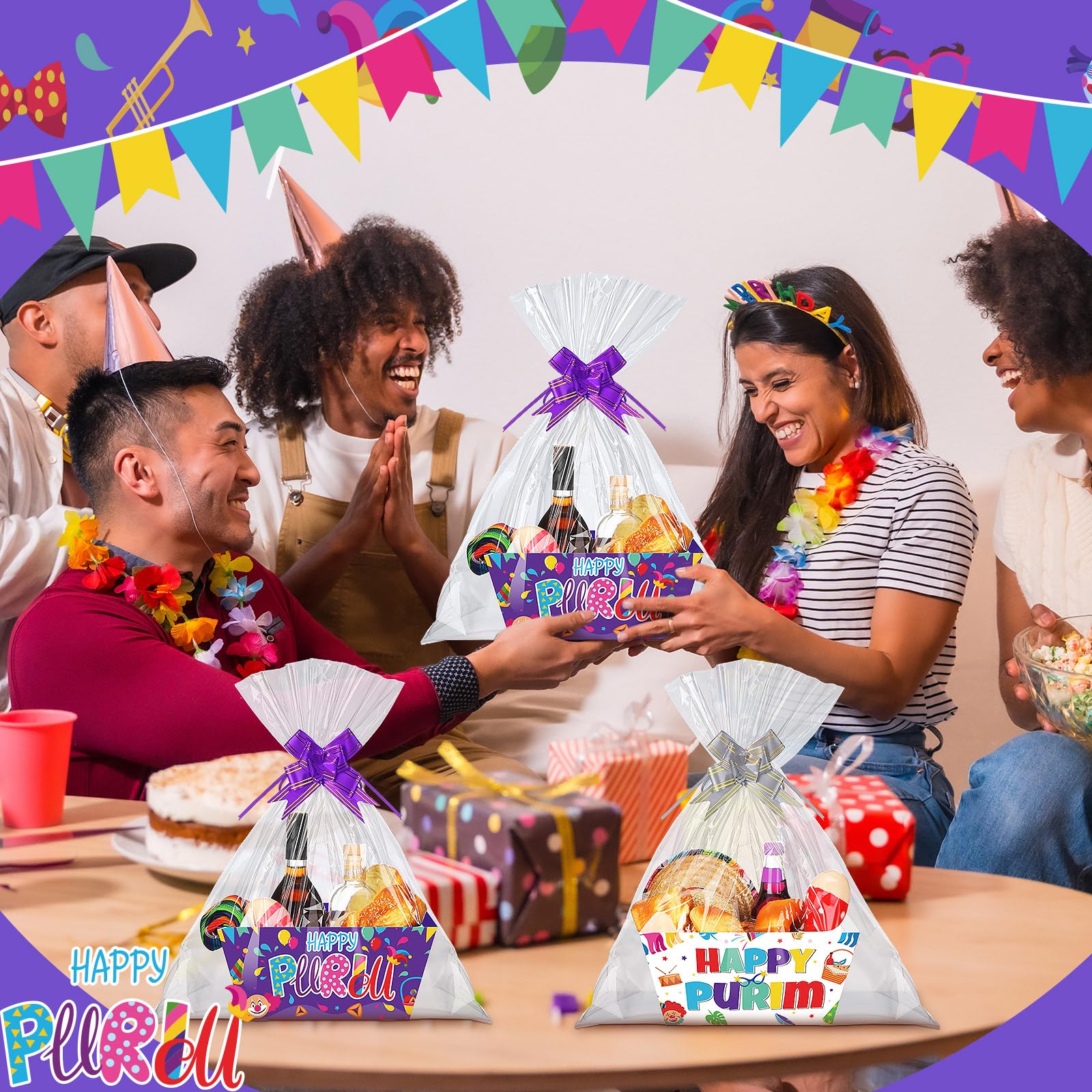 Cholemy Purim - Juego de 24 cestas de regalo vacías que incluye 8 bandejas de mercado de papel kraft, 8 bolsas y 8 lazos, regalos de fiesta de carnaval judío, caja de cartón para regalos vacía con